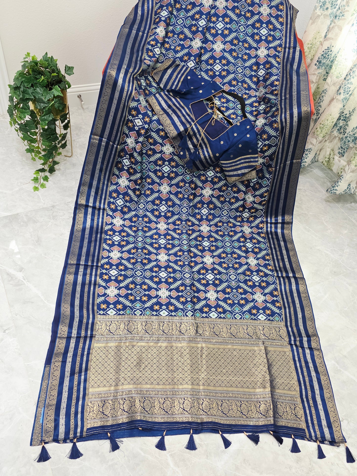 Royal Navy Blue & Antique Gold Benarasi Crepe Silk Patola Designer Saree with Stitched Blouse