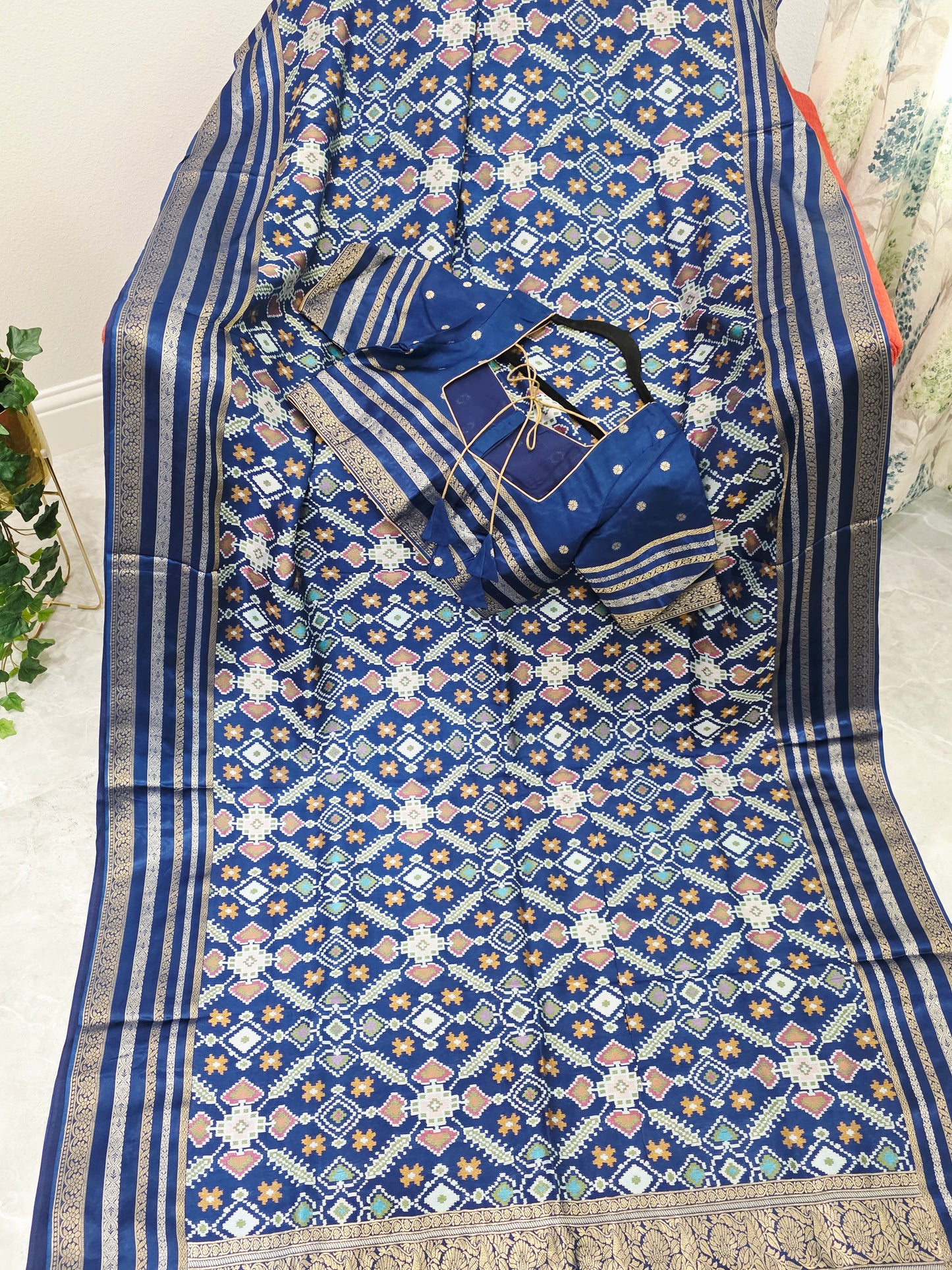 Royal Navy Blue & Antique Gold Benarasi Crepe Silk Patola Designer Saree with Stitched Blouse