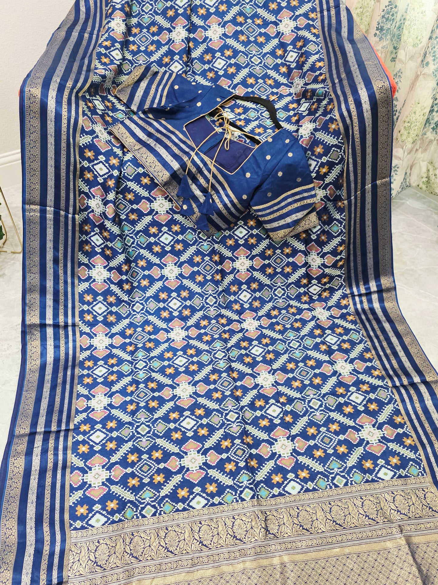Royal Navy Blue & Antique Gold Benarasi Crepe Silk Patola Designer Saree with Stitched Blouse