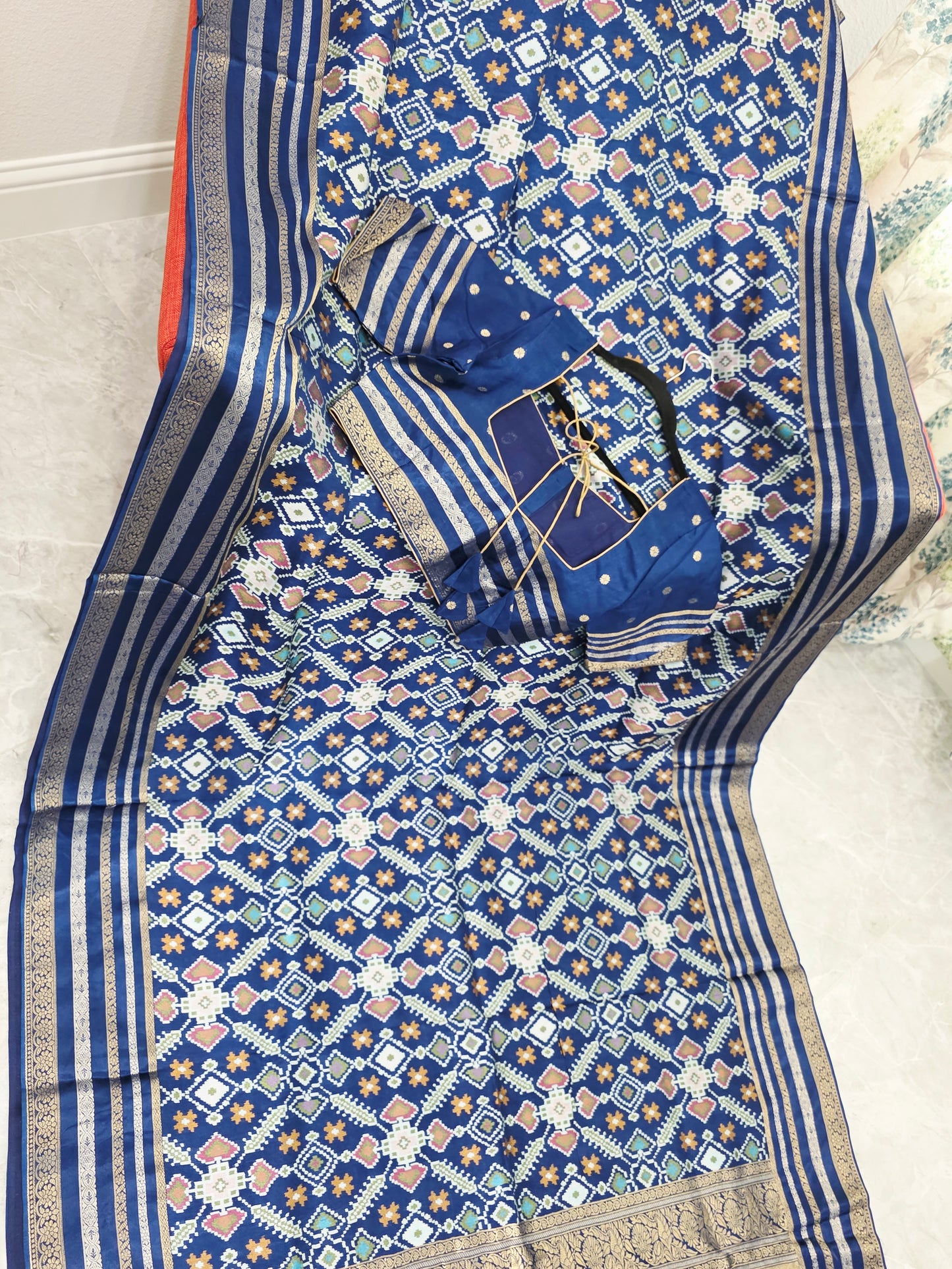 Royal Navy Blue & Antique Gold Benarasi Crepe Silk Patola Designer Saree with Stitched Blouse