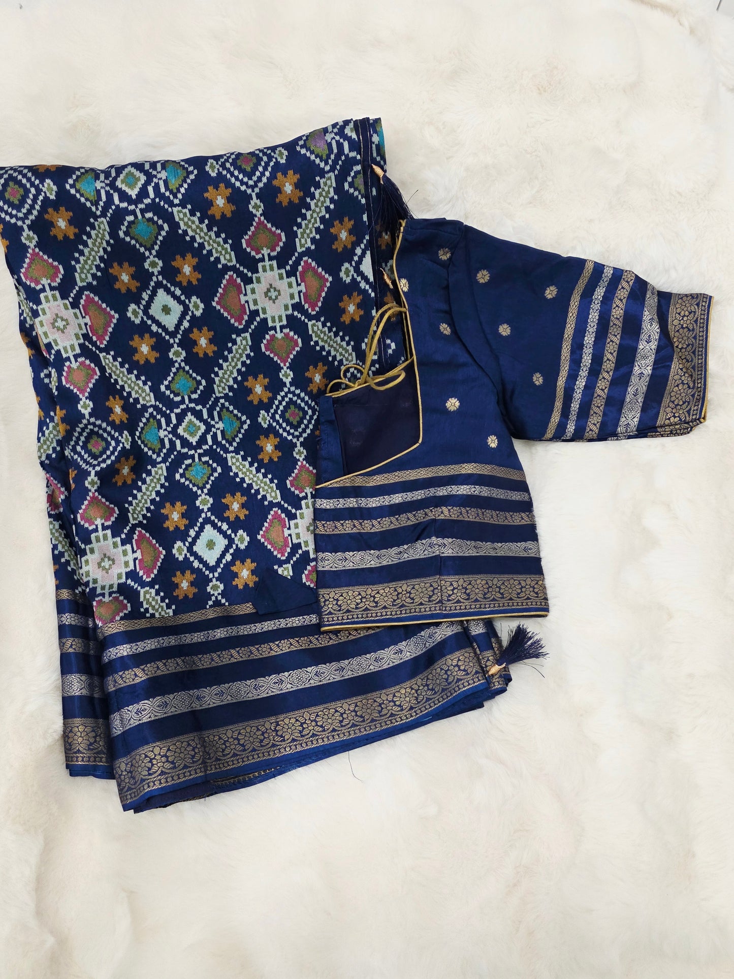 Royal Navy Blue & Antique Gold Benarasi Crepe Silk Patola Designer Saree with Stitched Blouse