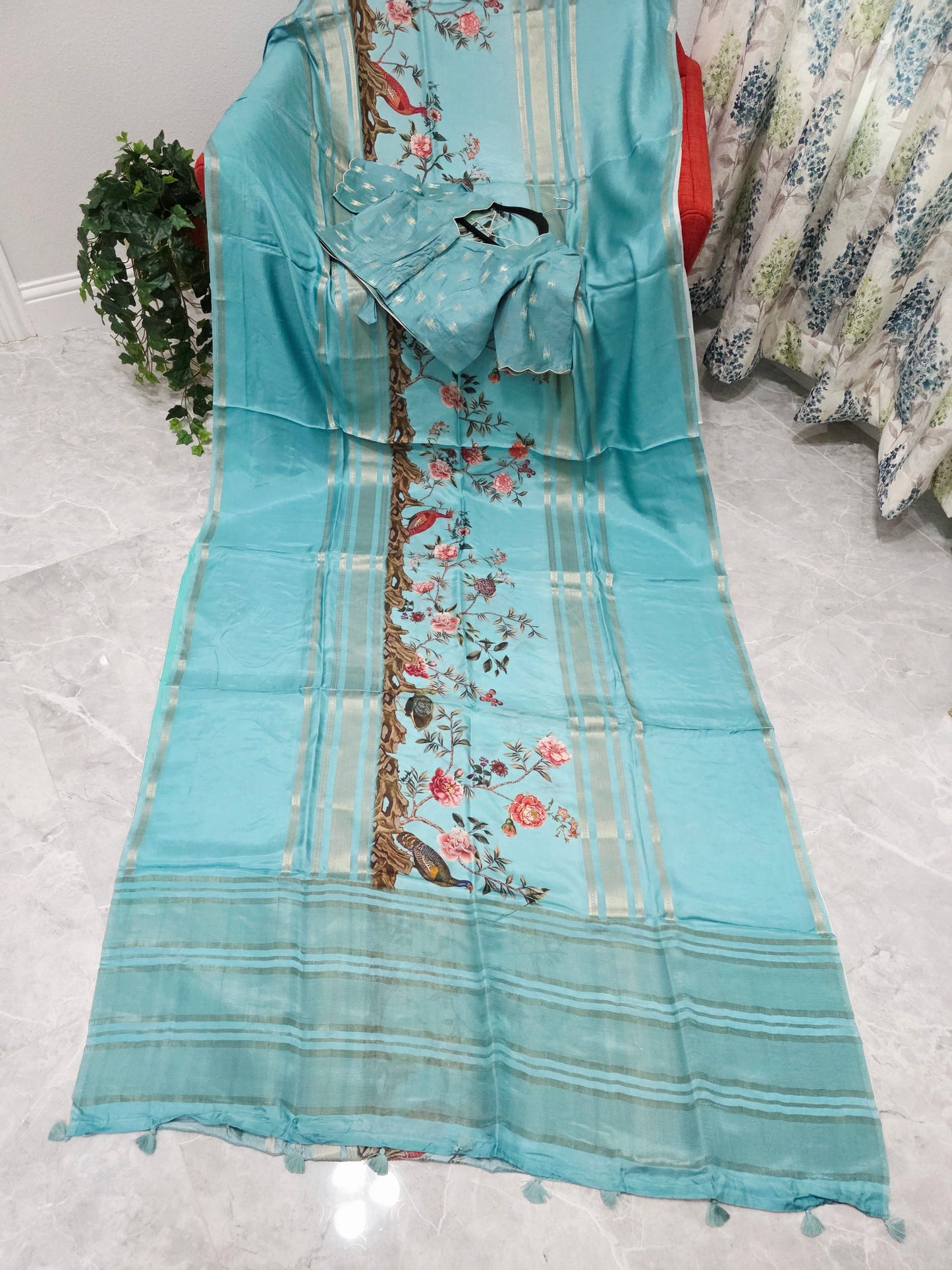 Aqua Mist Floral Soft Crepe Silk Saree with Ready Blouse