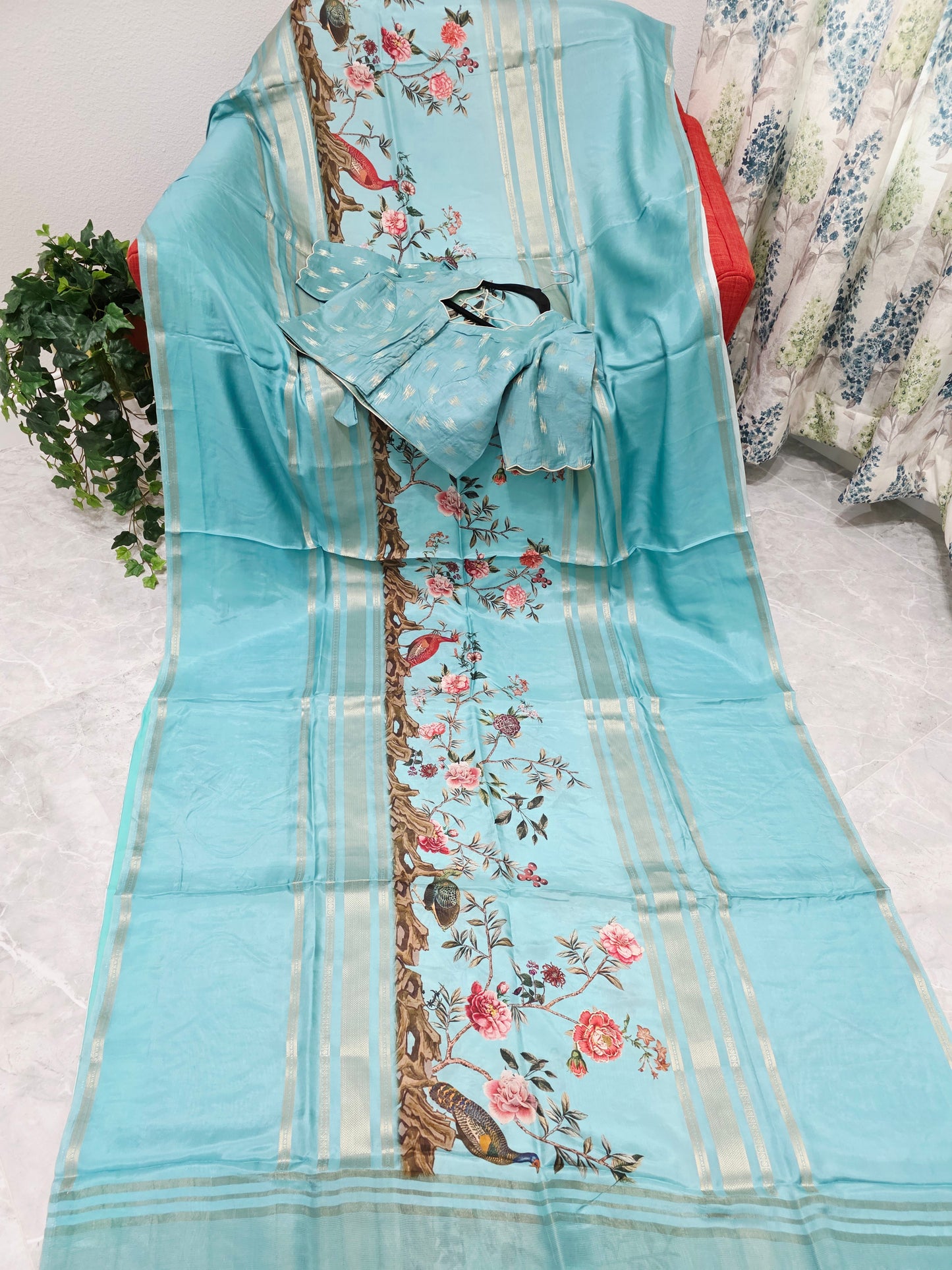 Aqua Mist Floral Soft Crepe Silk Saree with Ready Blouse
