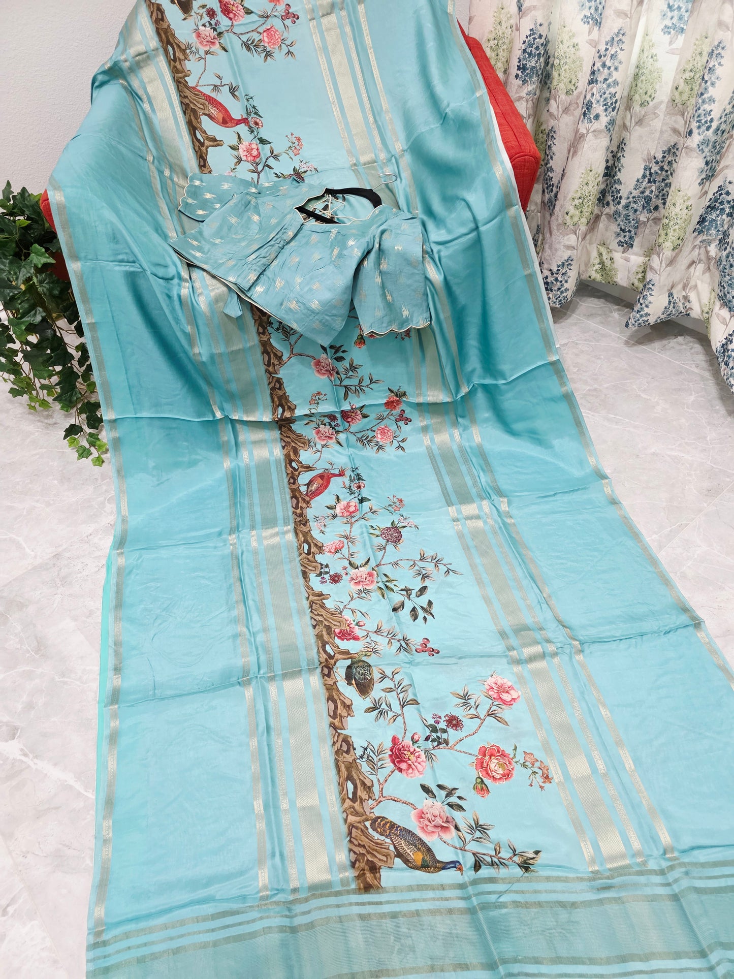 Aqua Mist Floral Soft Crepe Silk Saree with Ready Blouse