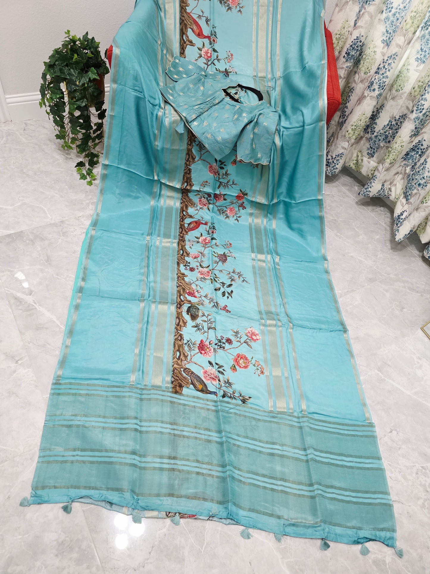 Aqua Mist Floral Soft Crepe Silk Saree with Ready Blouse