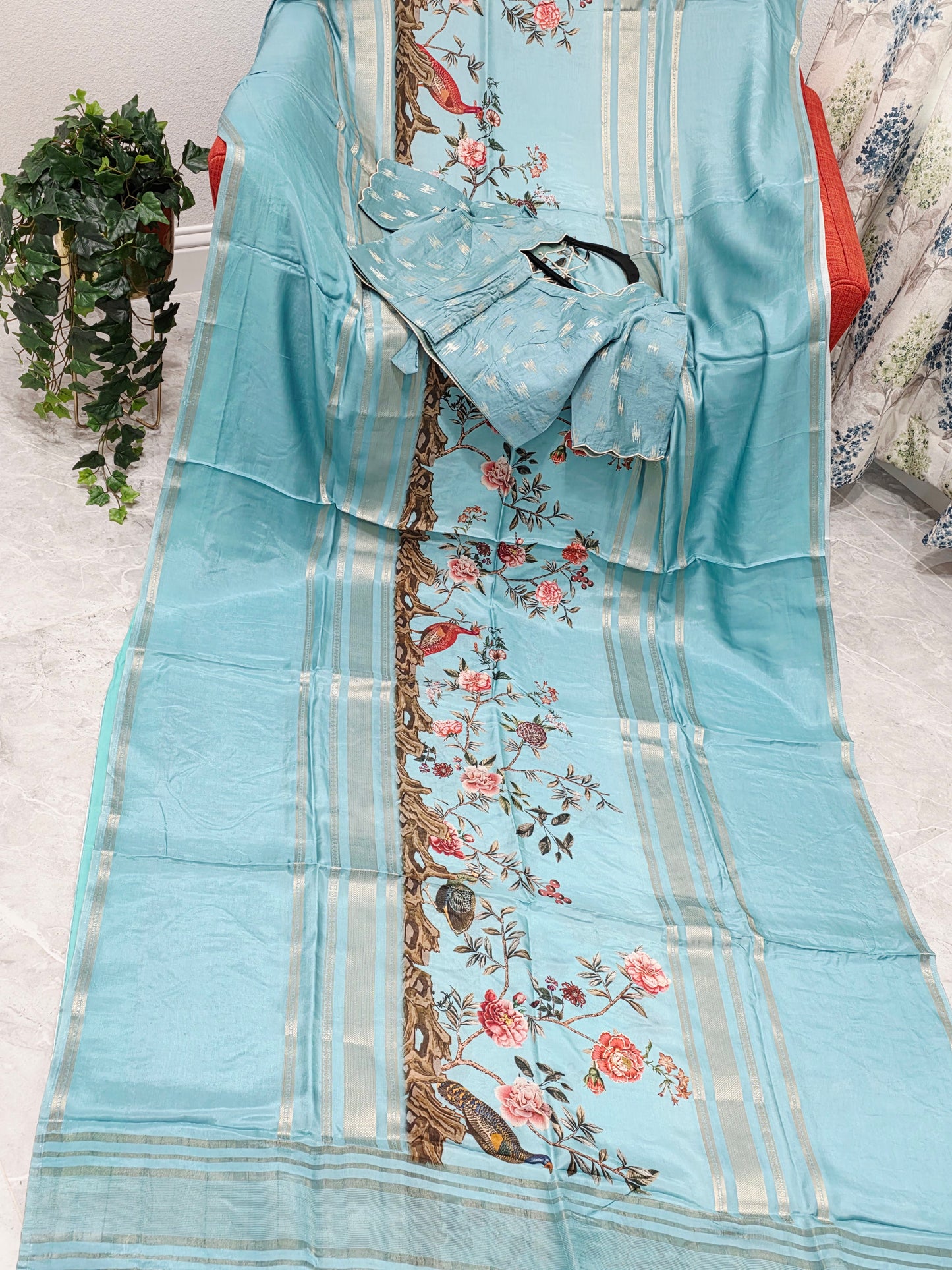 Aqua Mist Floral Soft Crepe Silk Saree with Ready Blouse