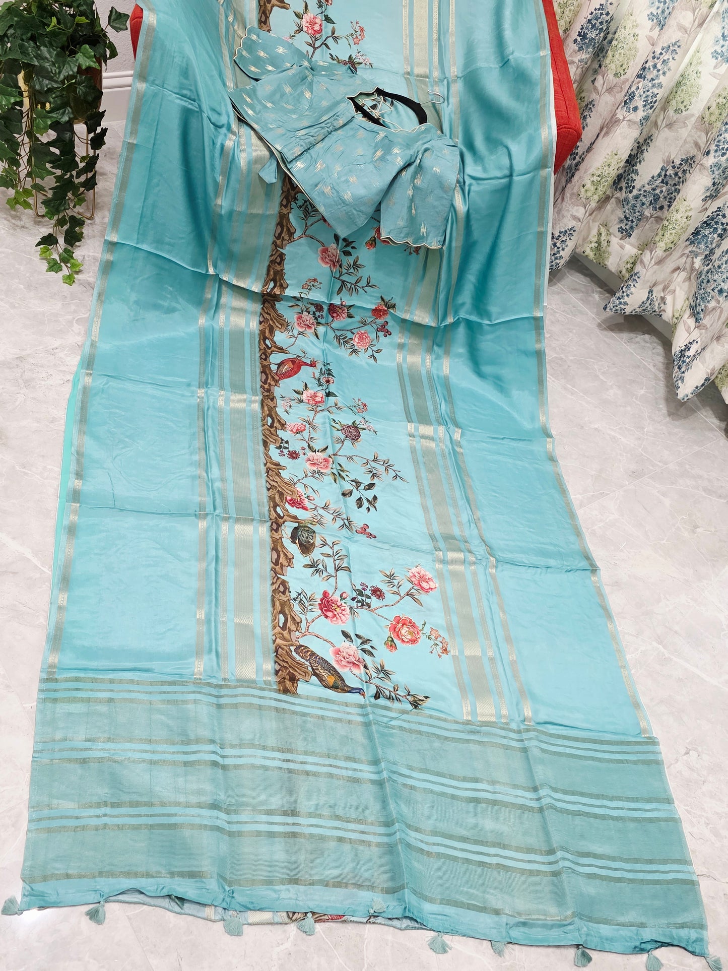Aqua Mist Floral Soft Crepe Silk Saree with Ready Blouse