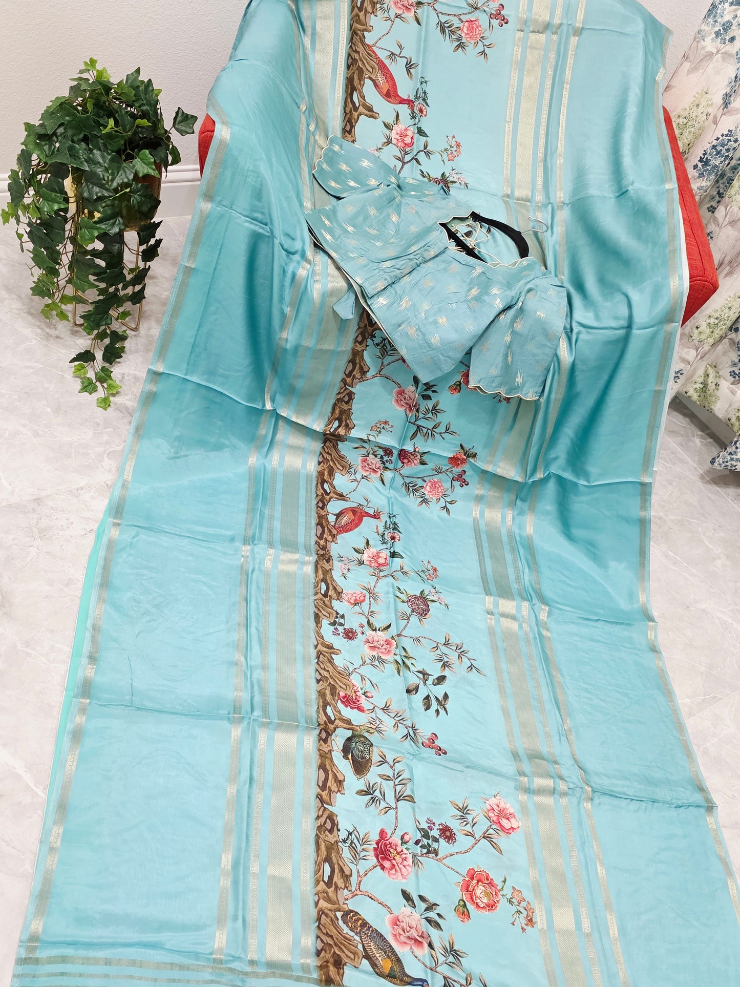 Aqua Mist Floral Soft Crepe Silk Saree with Ready Blouse