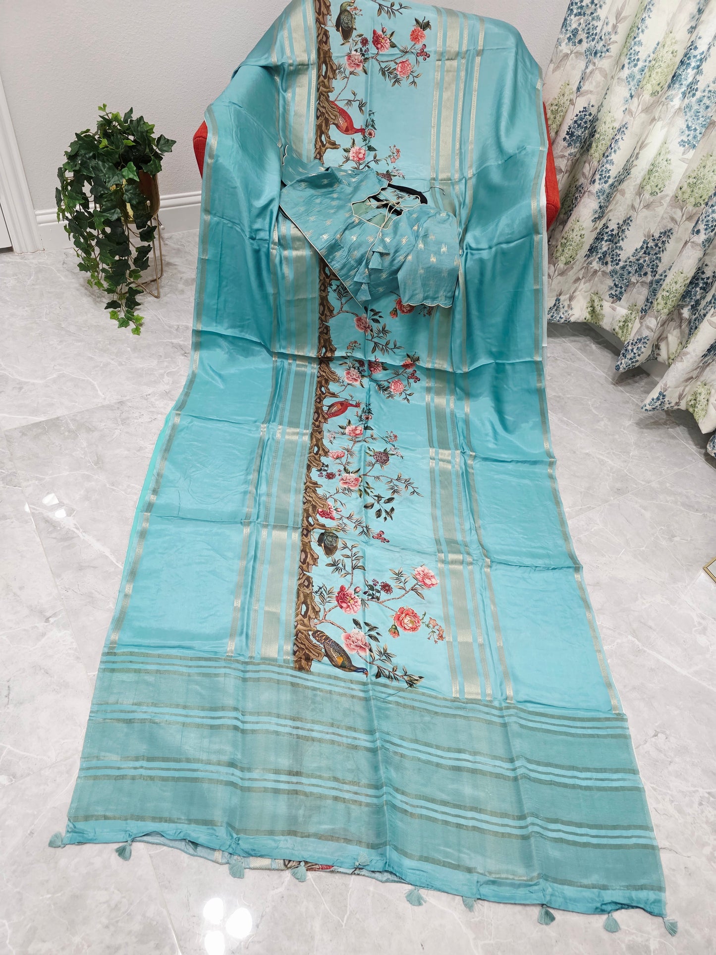 Aqua Mist Floral Soft Crepe Silk Saree with Ready Blouse
