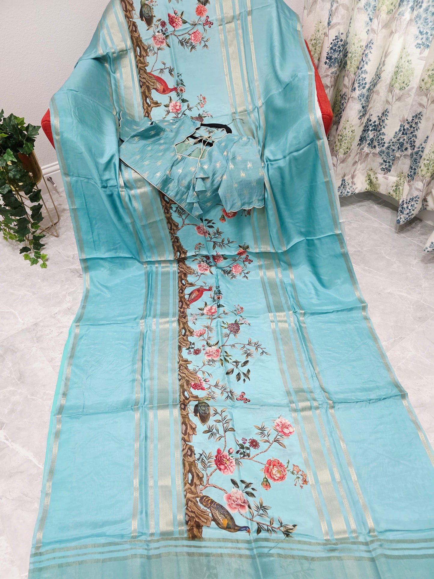 Aqua Mist Floral Soft Crepe Silk Saree with Ready Blouse