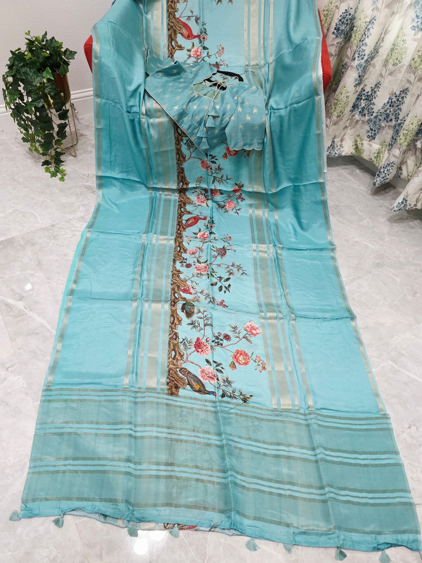 Aqua Mist Floral Soft Crepe Silk Saree with Ready Blouse