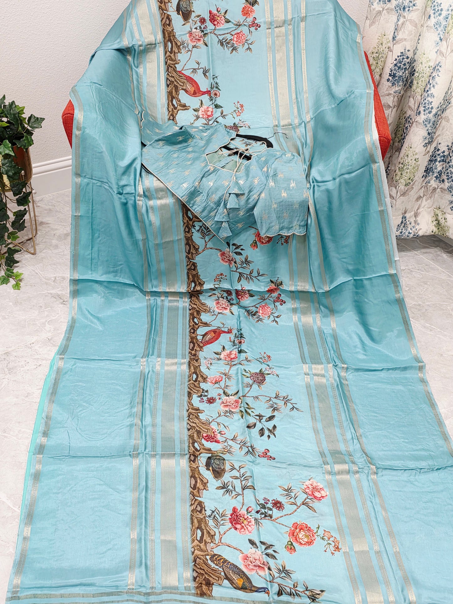 Aqua Mist Floral Soft Crepe Silk Saree with Ready Blouse