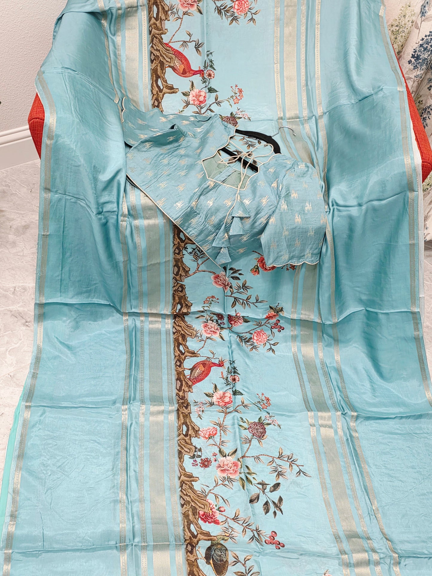 Aqua Mist Floral Soft Crepe Silk Saree with Ready Blouse