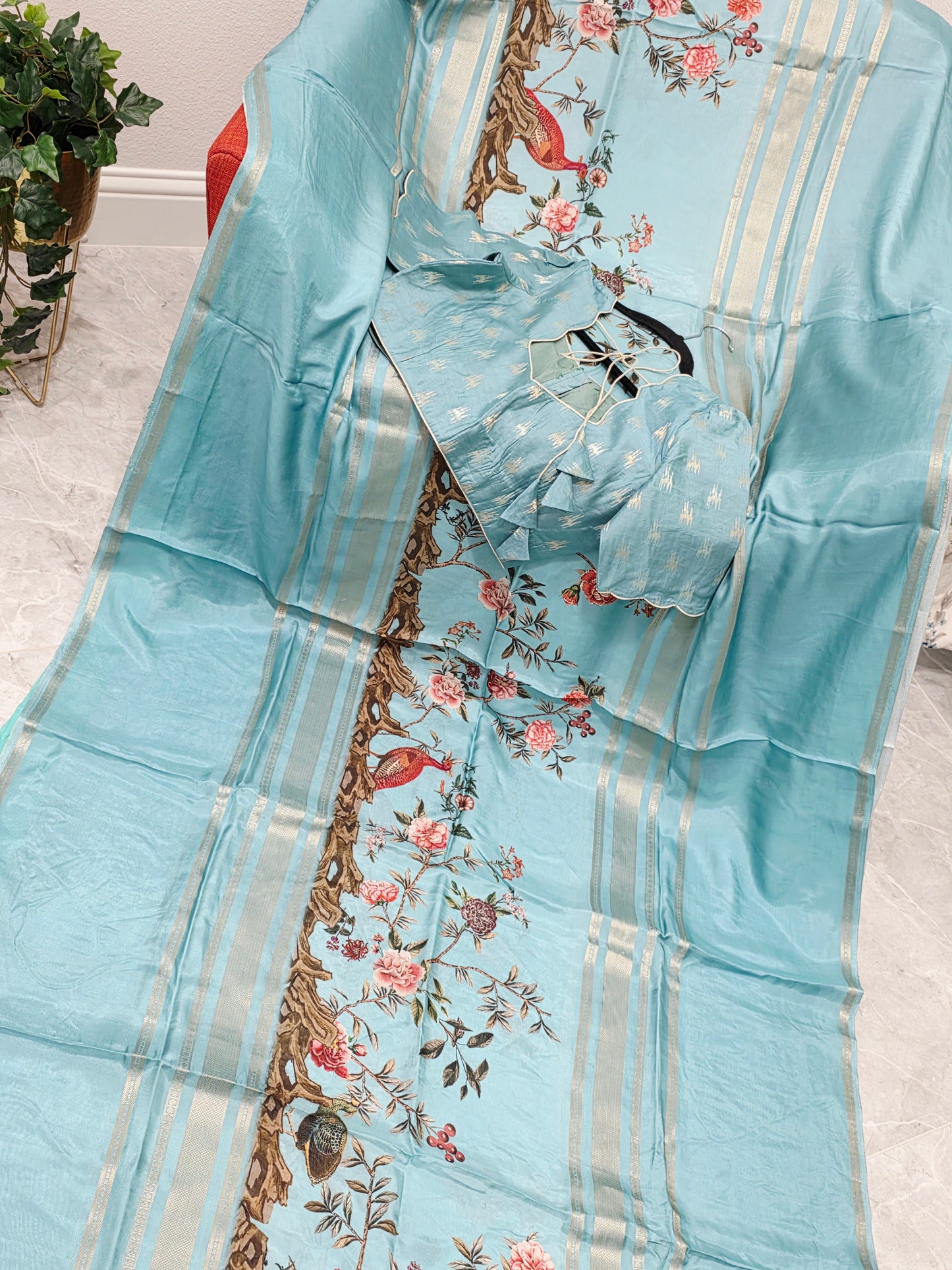 Aqua Mist Floral Soft Crepe Silk Saree with Ready Blouse