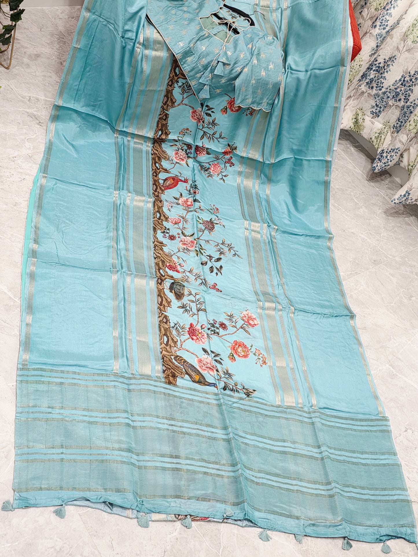 Aqua Mist Floral Soft Crepe Silk Saree with Ready Blouse