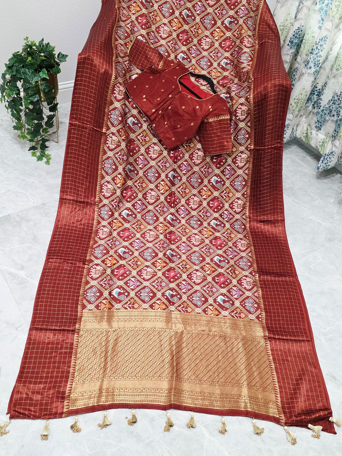 Burnt Brick & Antique Gold Benarasi Crepe Silk Patola Designer Saree with Stitched Blouse