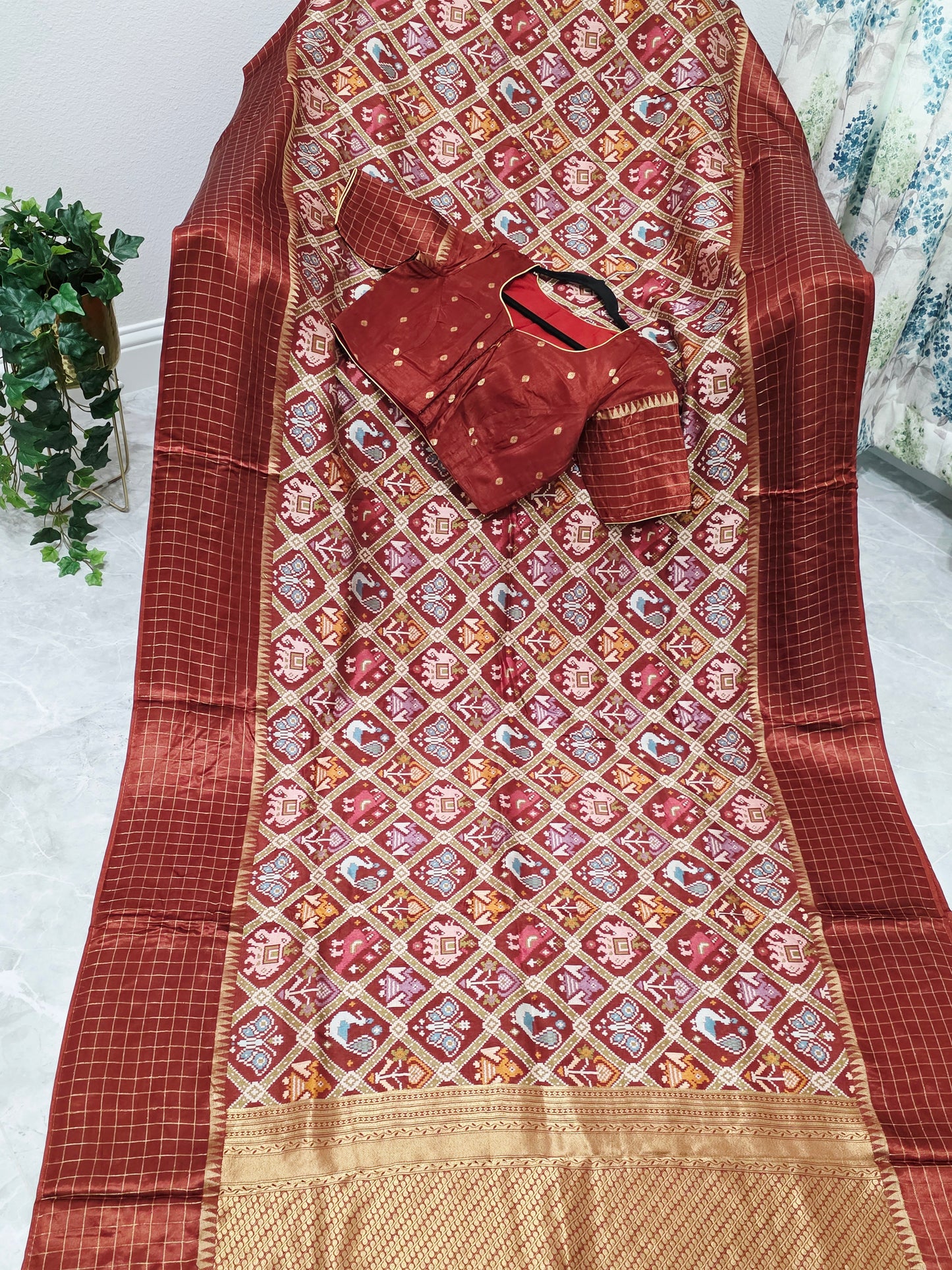 Burnt Brick & Antique Gold Benarasi Crepe Silk Patola Designer Saree with Stitched Blouse