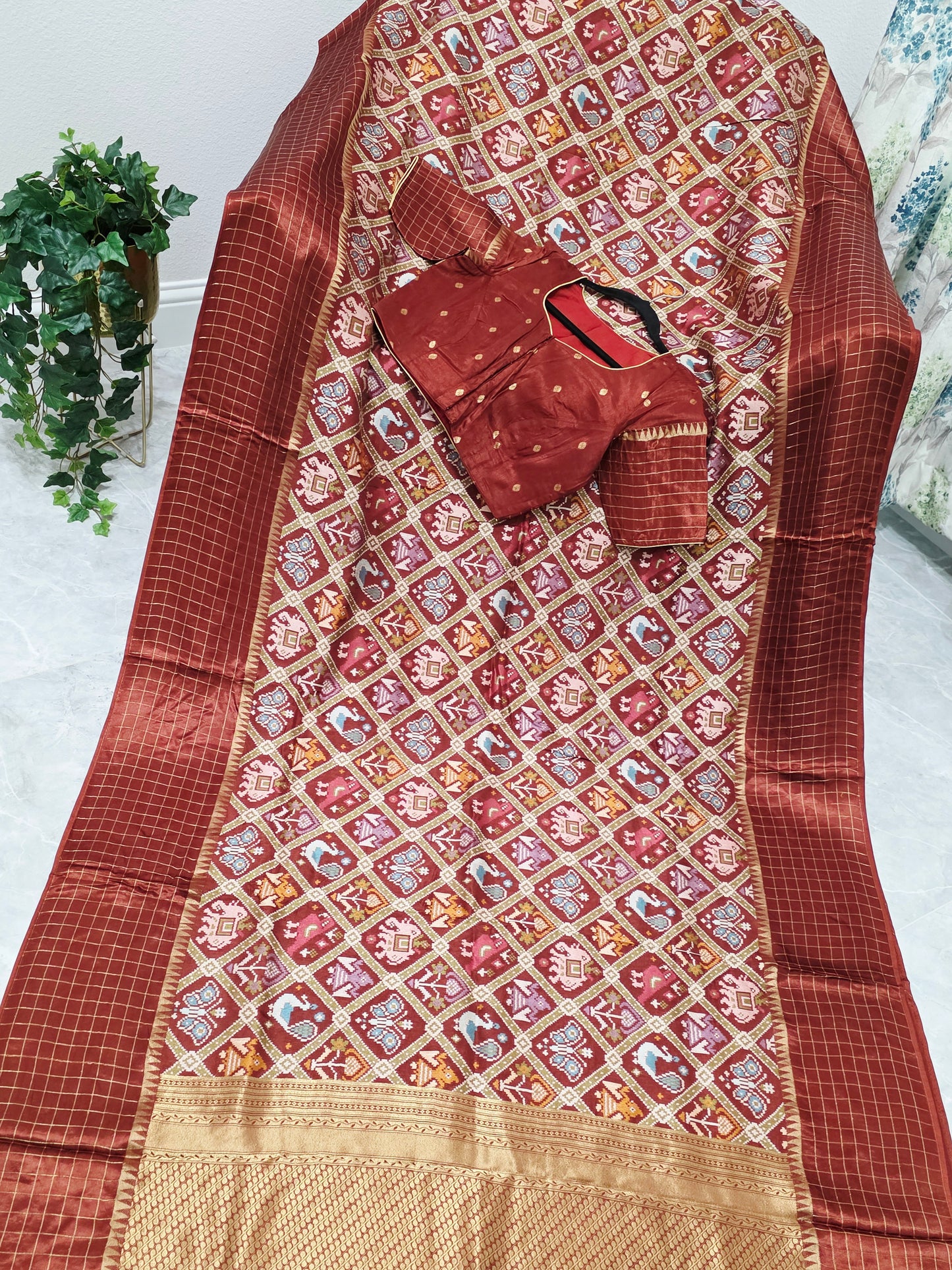 Burnt Brick & Antique Gold Benarasi Crepe Silk Patola Designer Saree with Stitched Blouse