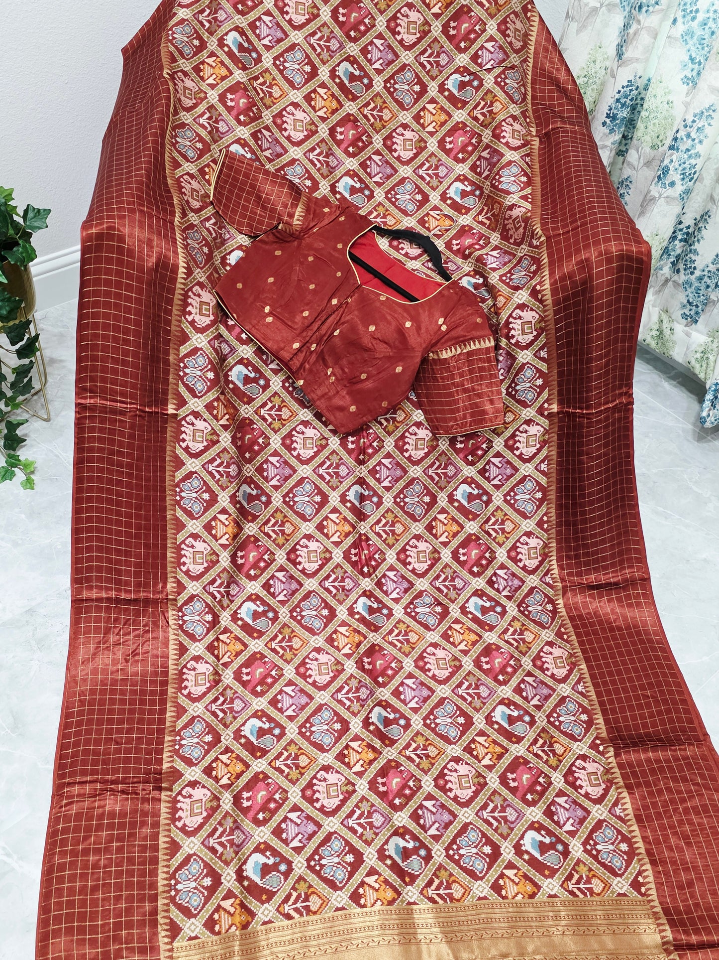 Burnt Brick & Antique Gold Benarasi Crepe Silk Patola Designer Saree with Stitched Blouse