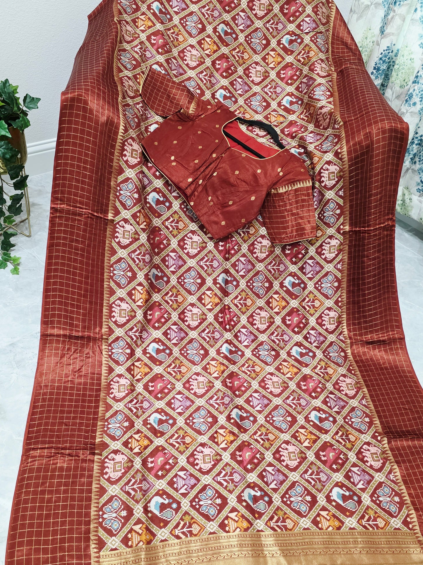 Burnt Brick & Antique Gold Benarasi Crepe Silk Patola Designer Saree with Stitched Blouse