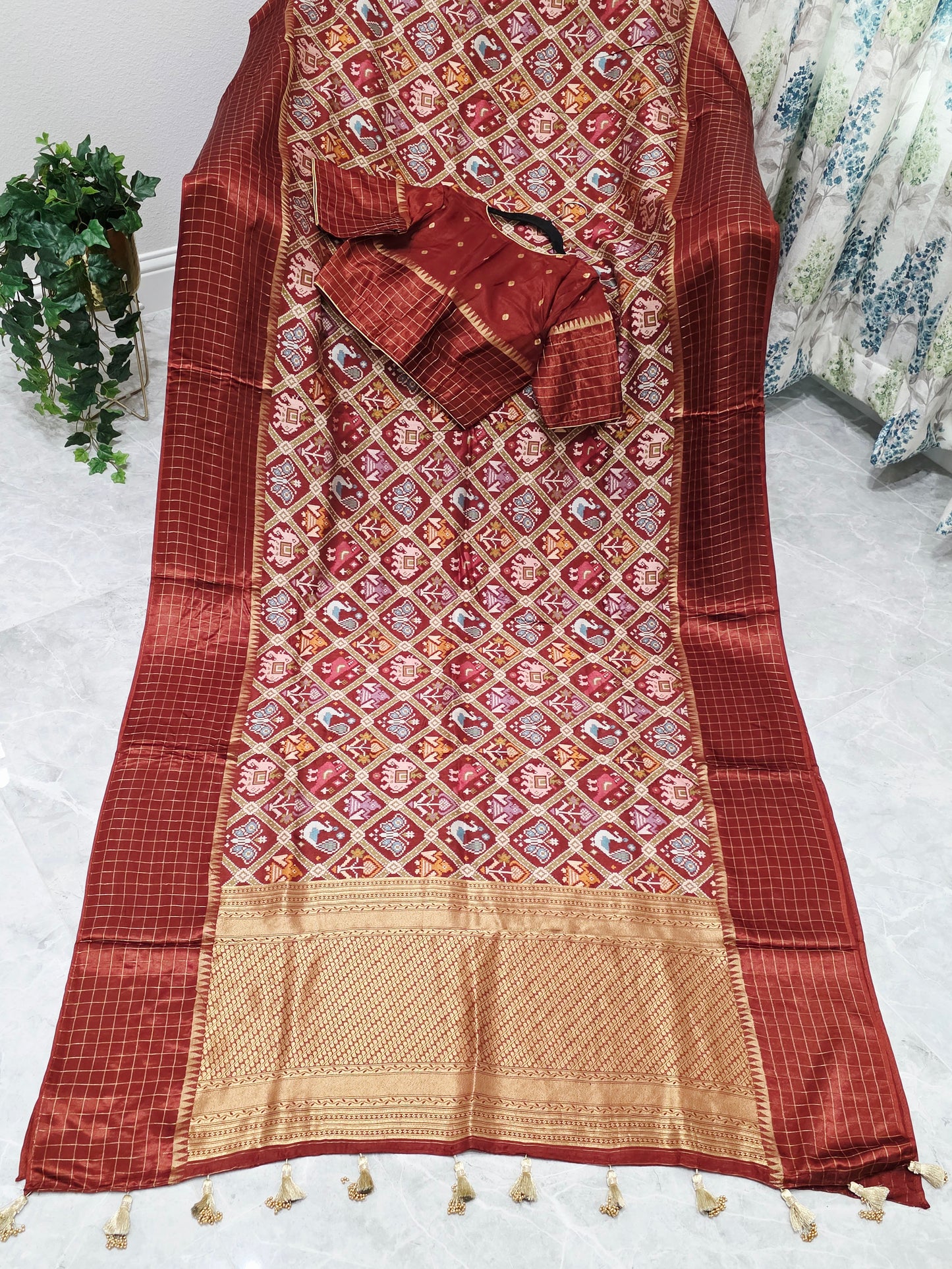 Burnt Brick & Antique Gold Benarasi Crepe Silk Patola Designer Saree with Stitched Blouse