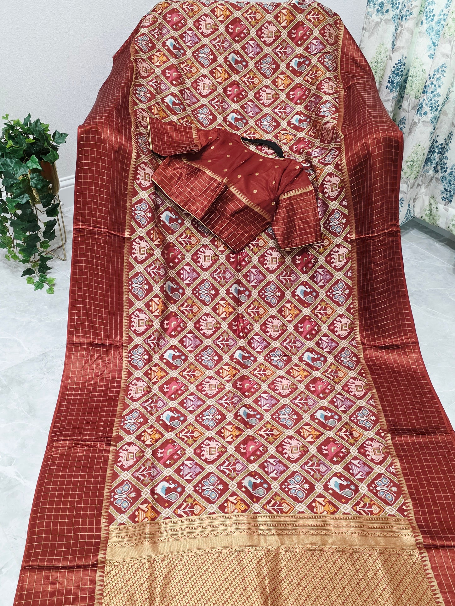 Burnt Brick & Antique Gold Benarasi Crepe Silk Patola Designer Saree with Stitched Blouse