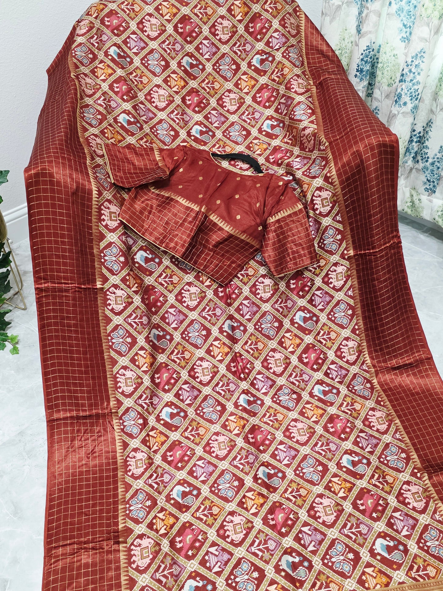 Burnt Brick & Antique Gold Benarasi Crepe Silk Patola Designer Saree with Stitched Blouse