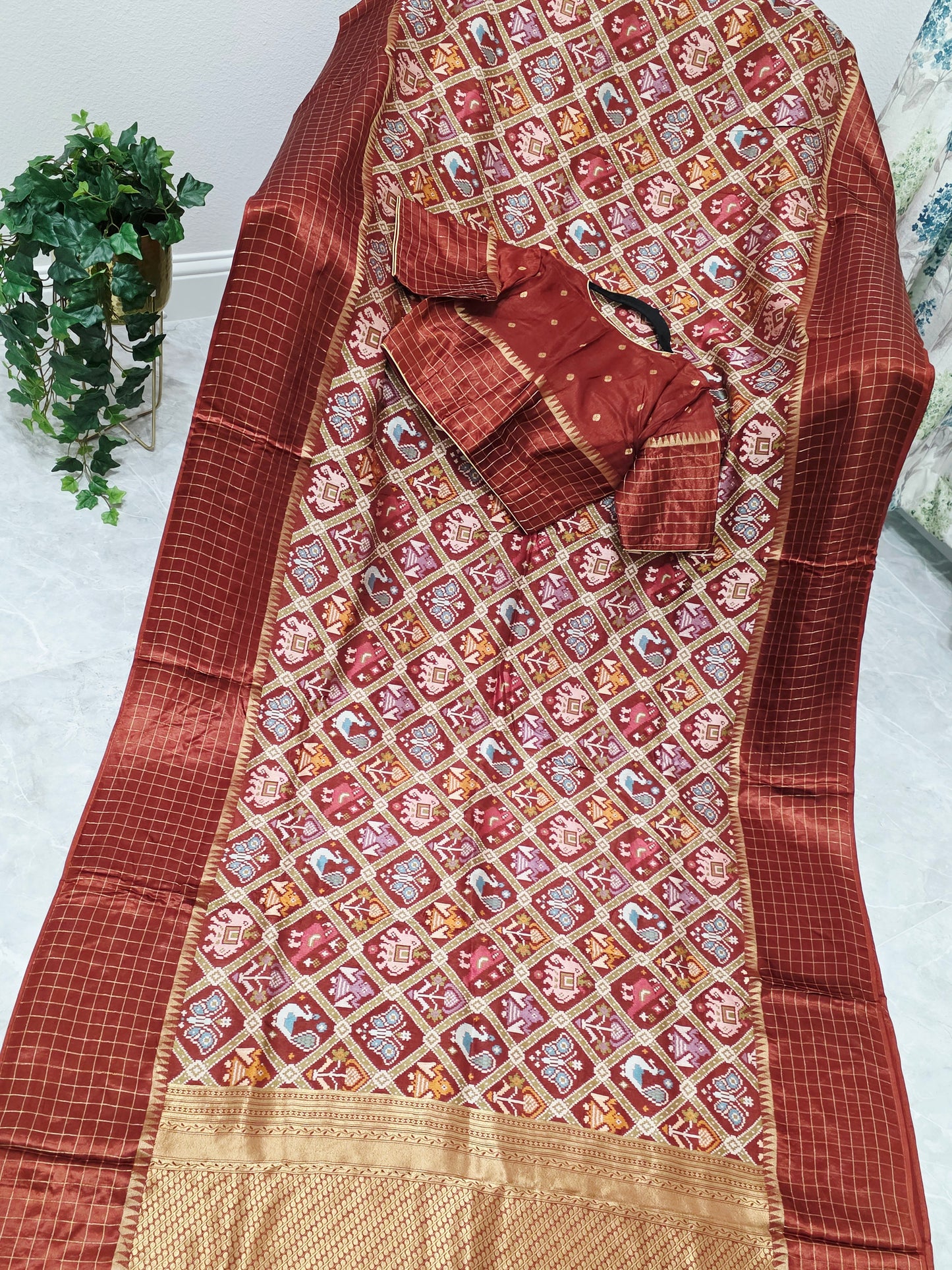 Burnt Brick & Antique Gold Benarasi Crepe Silk Patola Designer Saree with Stitched Blouse