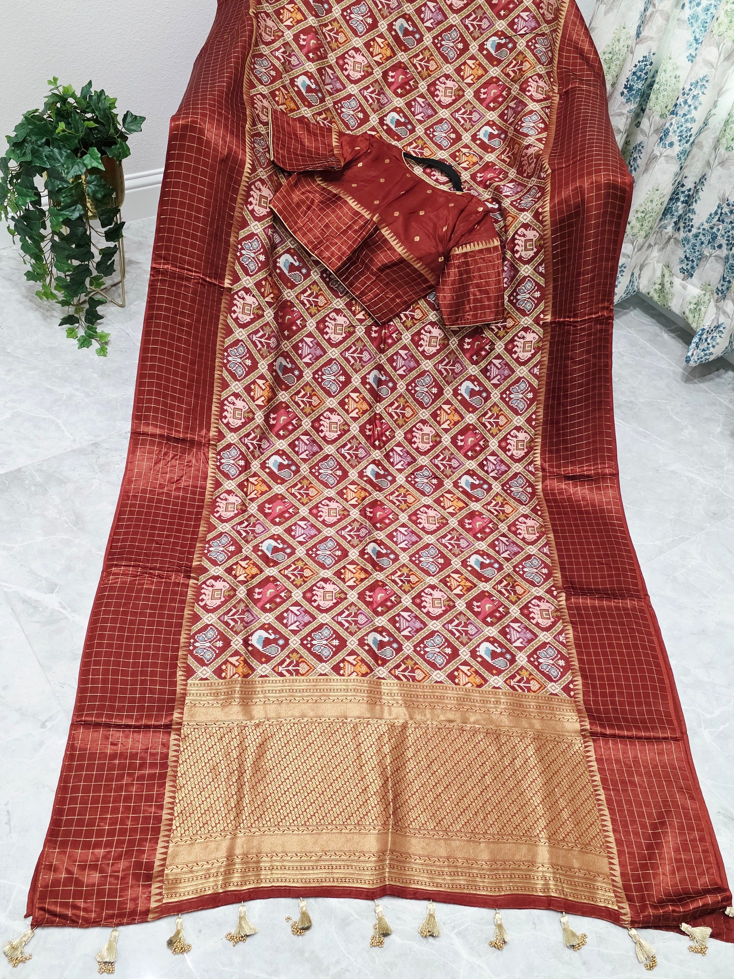 Burnt Brick & Antique Gold Benarasi Crepe Silk Patola Designer Saree with Stitched Blouse