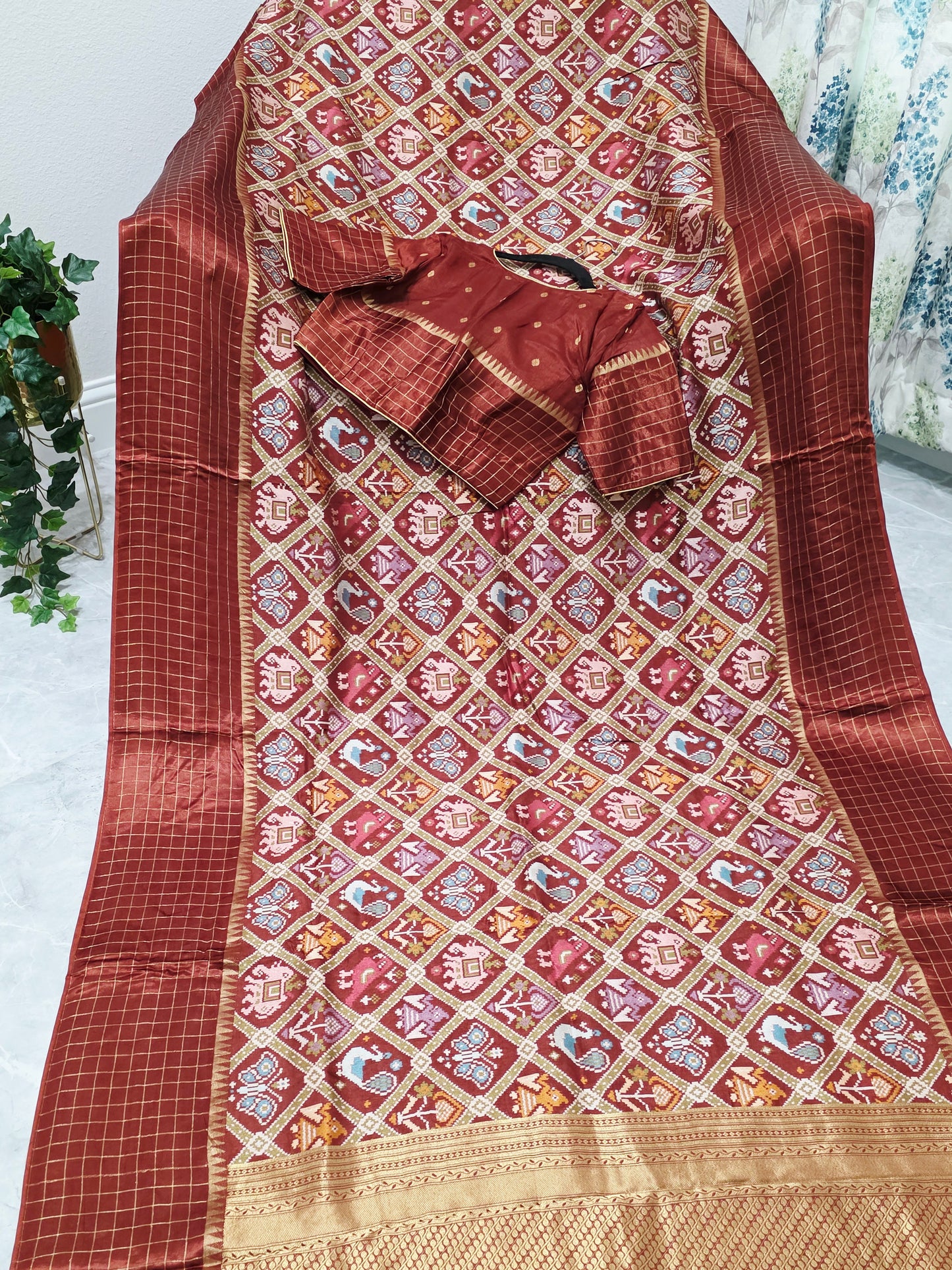Burnt Brick & Antique Gold Benarasi Crepe Silk Patola Designer Saree with Stitched Blouse