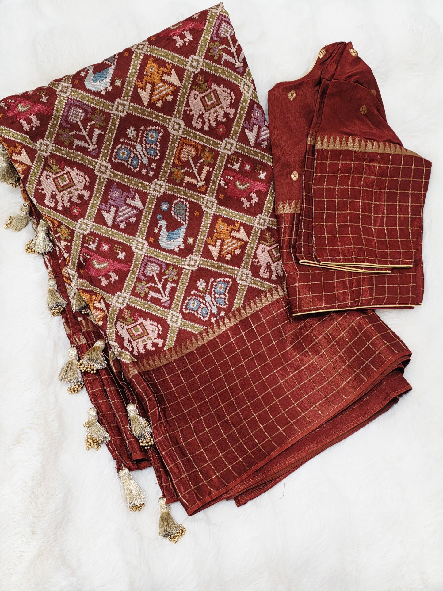 Burnt Brick & Antique Gold Benarasi Crepe Silk Patola Designer Saree with Stitched Blouse