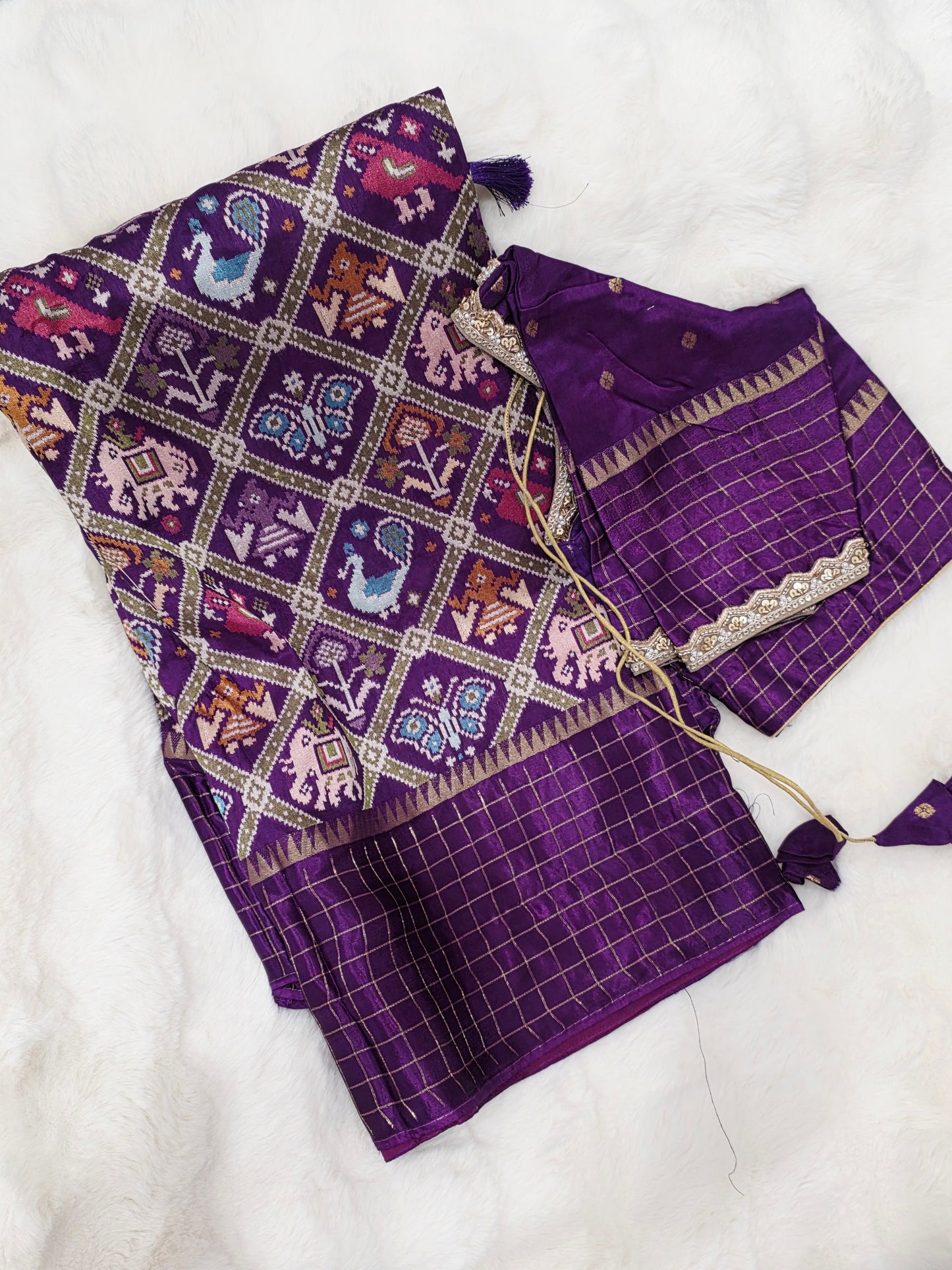Royal Amethyst Purple & Antique Gold Benarasi Crepe Silk Patola Designer Saree with Stitched Blouse