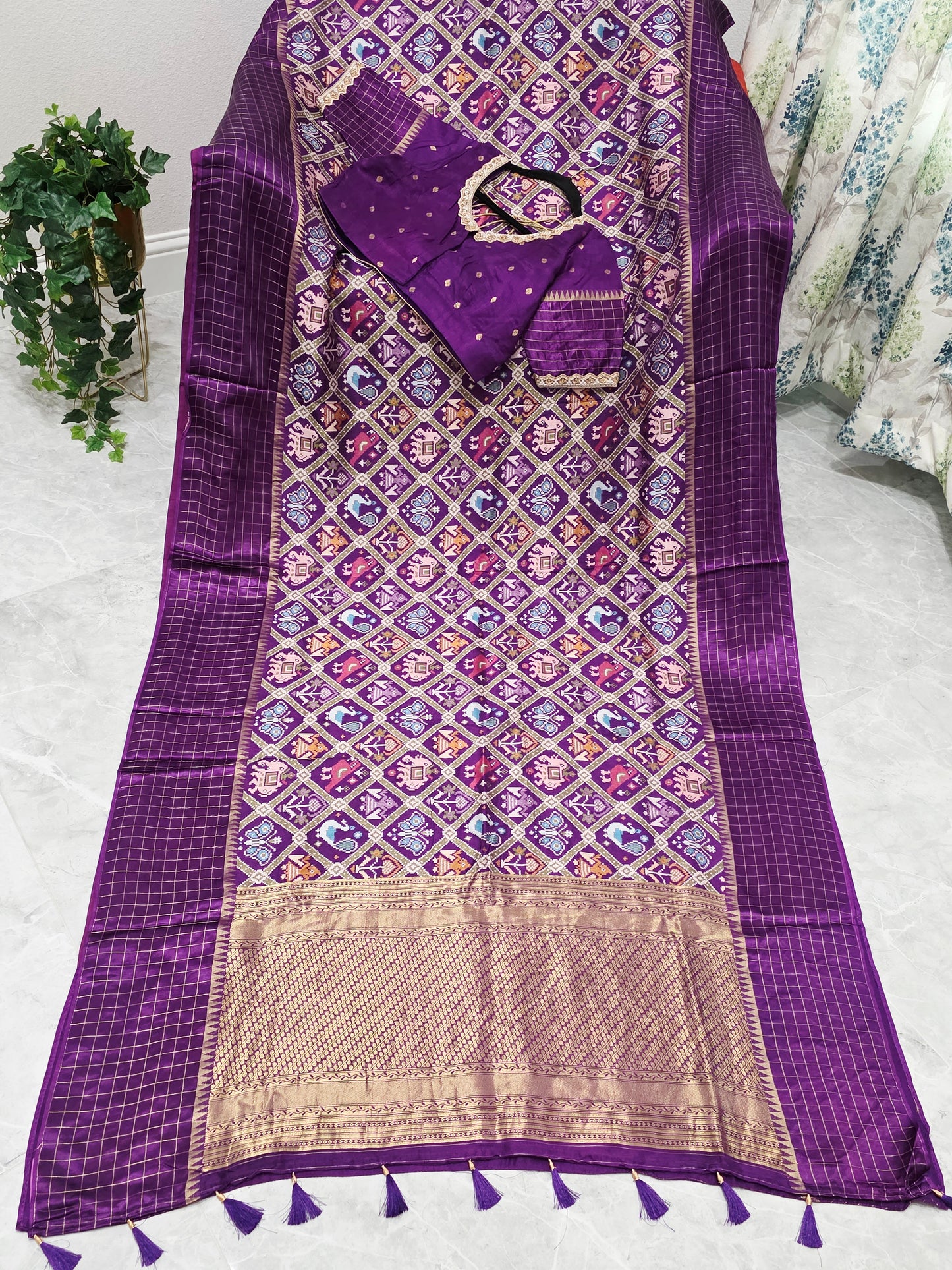 Royal Amethyst Purple & Antique Gold Benarasi Crepe Silk Patola Designer Saree with Stitched Blouse