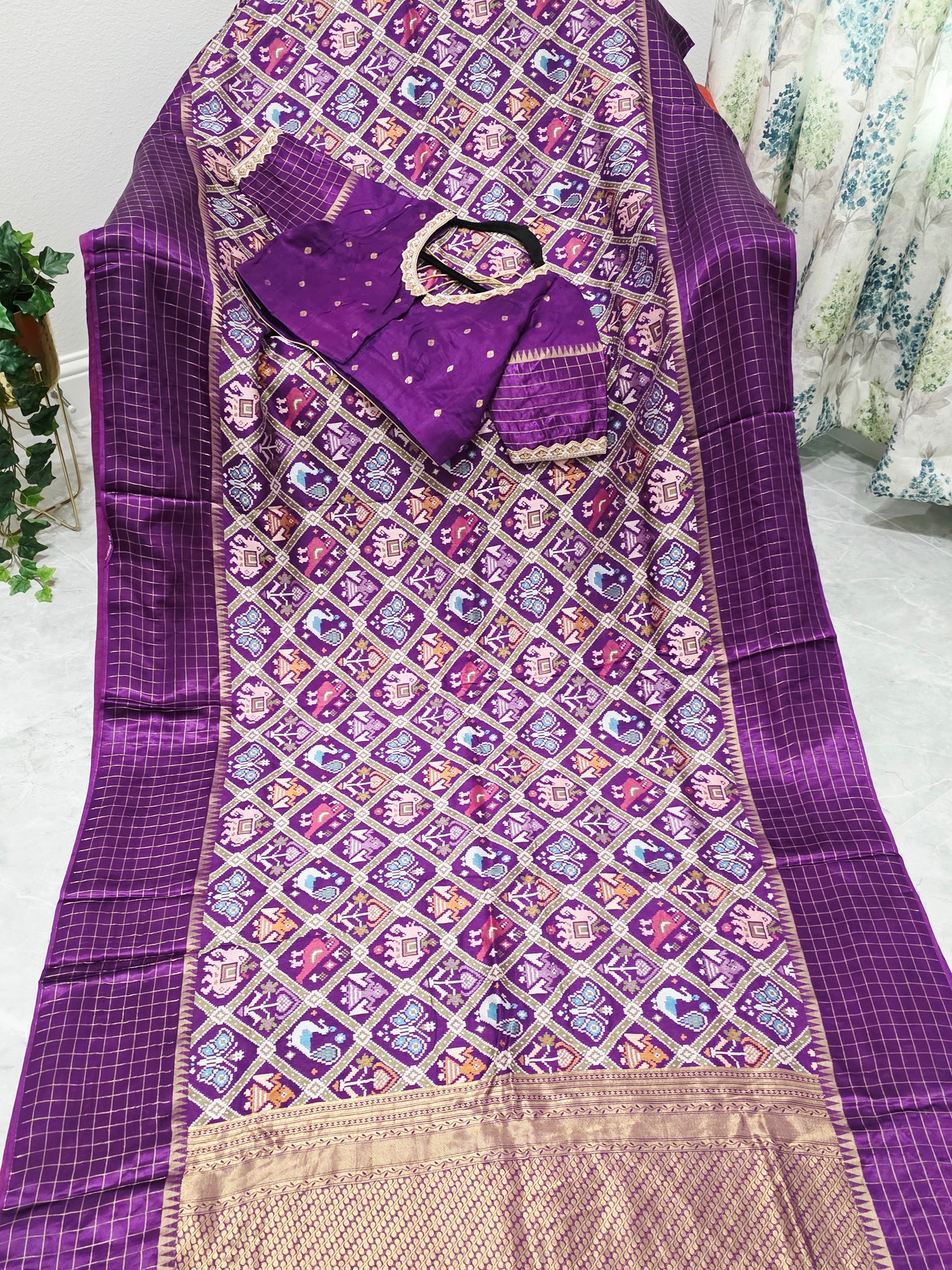 Royal Amethyst Purple & Antique Gold Benarasi Crepe Silk Patola Designer Saree with Stitched Blouse