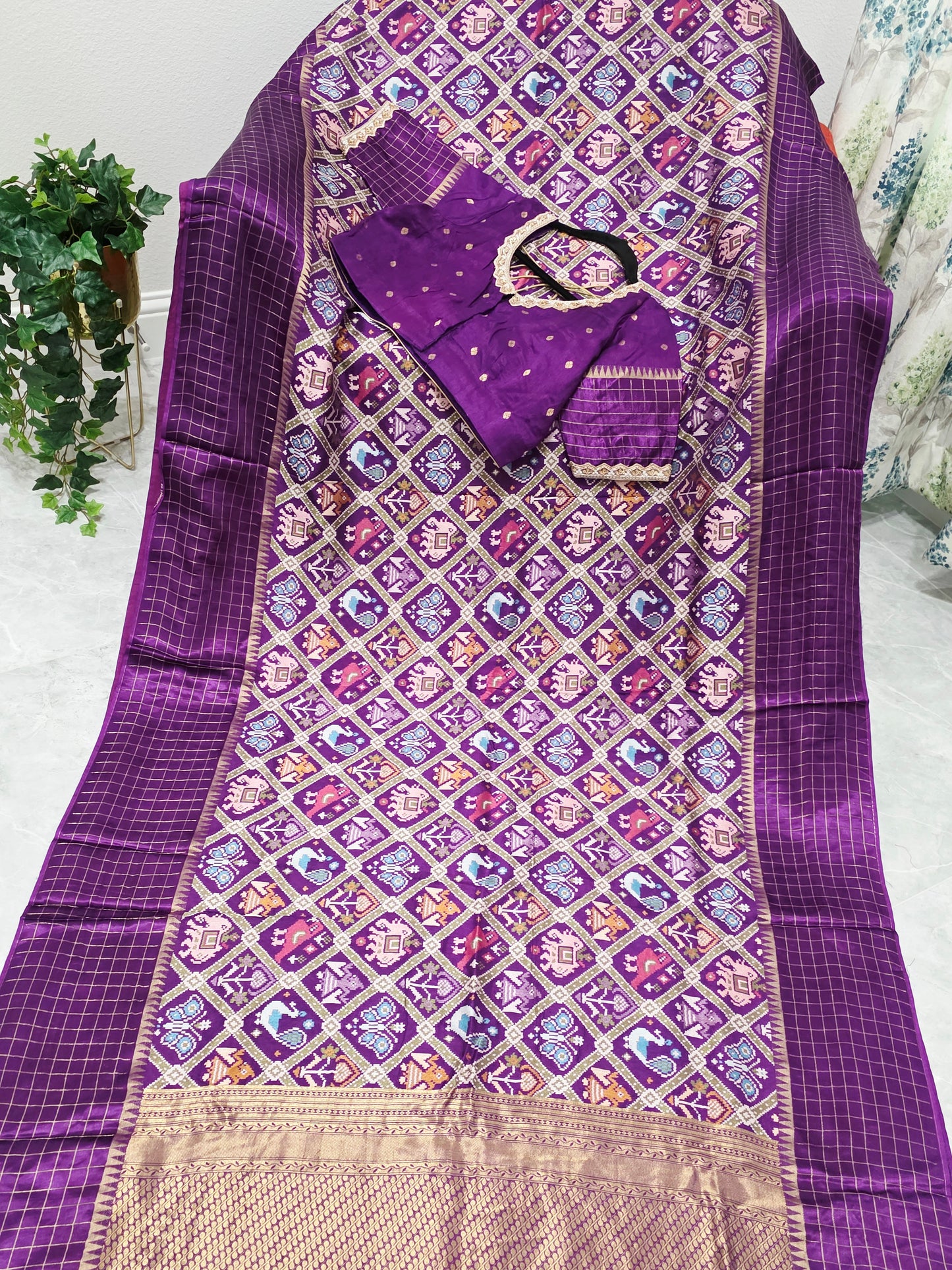 Royal Amethyst Purple & Antique Gold Benarasi Crepe Silk Patola Designer Saree with Stitched Blouse