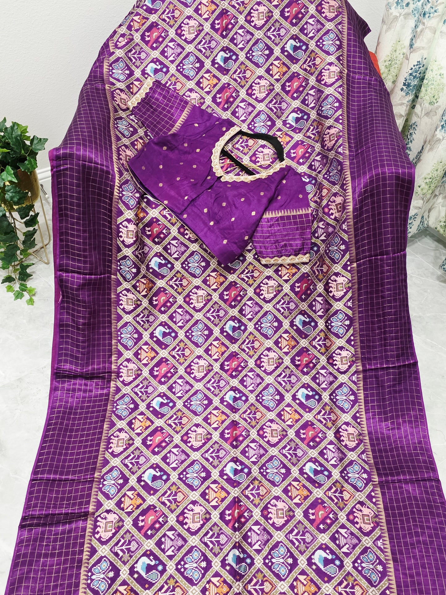 Royal Amethyst Purple & Antique Gold Benarasi Crepe Silk Patola Designer Saree with Stitched Blouse
