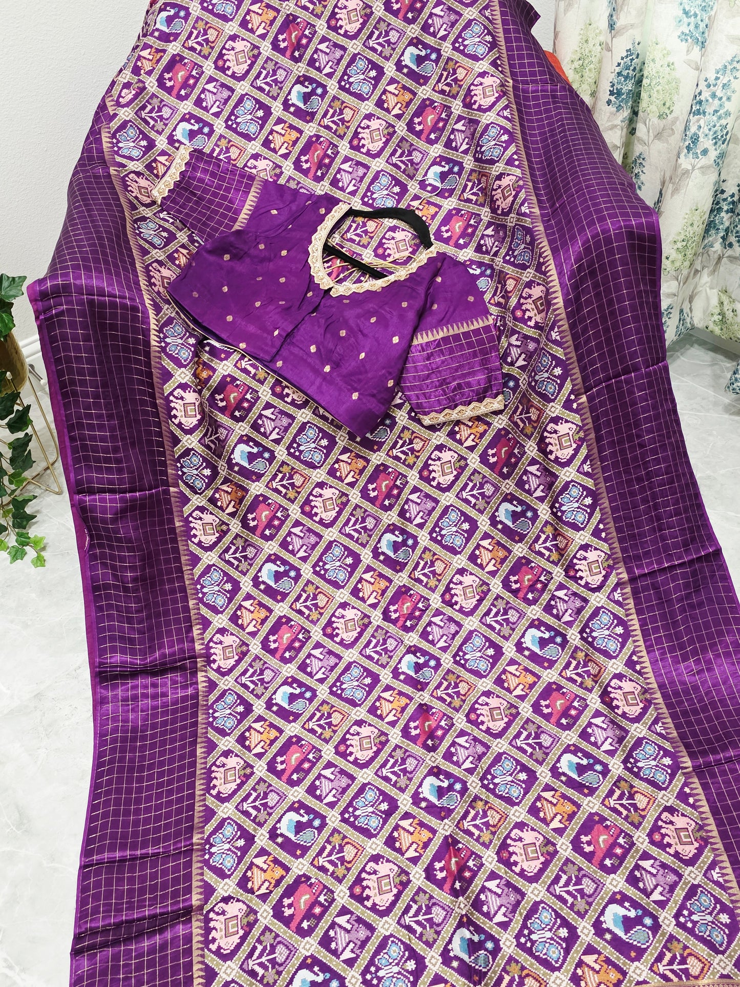 Royal Amethyst Purple & Antique Gold Benarasi Crepe Silk Patola Designer Saree with Stitched Blouse