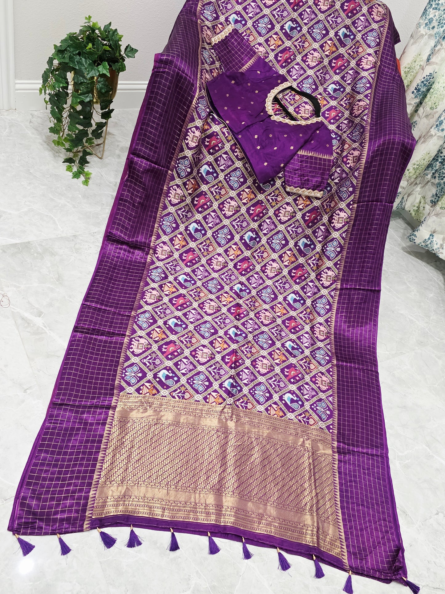 Royal Amethyst Purple & Antique Gold Benarasi Crepe Silk Patola Designer Saree with Stitched Blouse