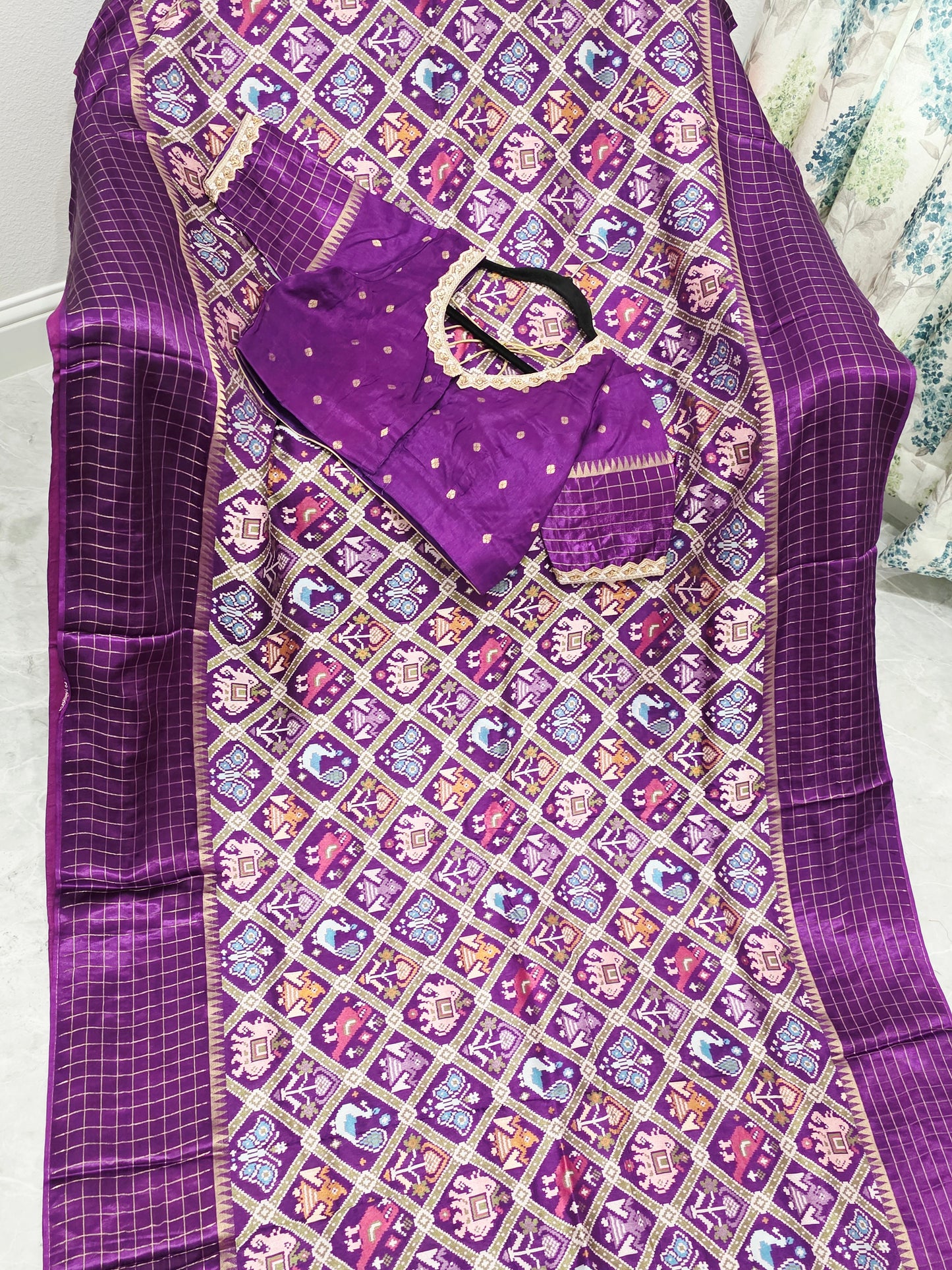 Royal Amethyst Purple & Antique Gold Benarasi Crepe Silk Patola Designer Saree with Stitched Blouse