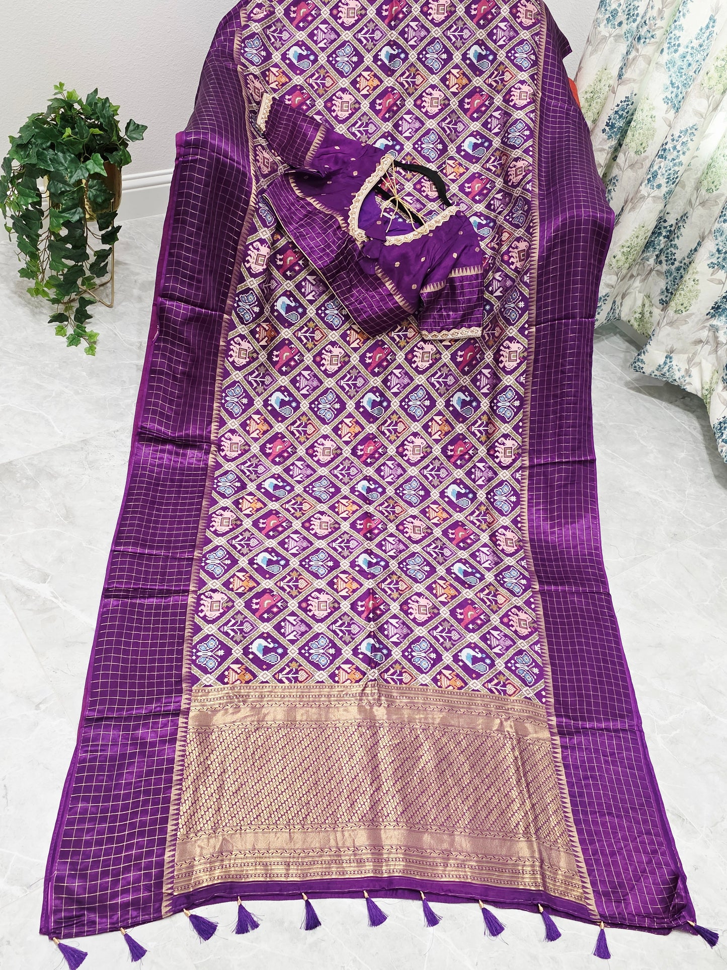 Royal Amethyst Purple & Antique Gold Benarasi Crepe Silk Patola Designer Saree with Stitched Blouse