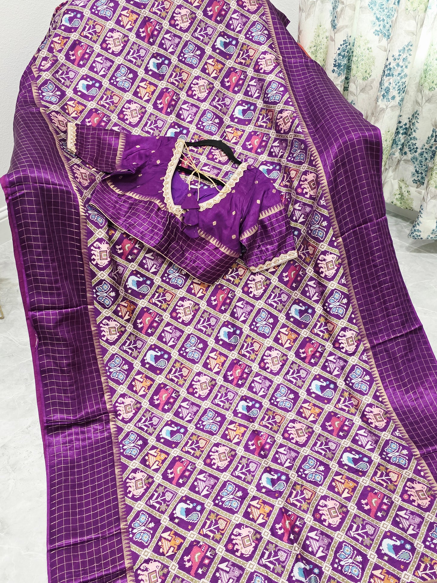 Royal Amethyst Purple & Antique Gold Benarasi Crepe Silk Patola Designer Saree with Stitched Blouse