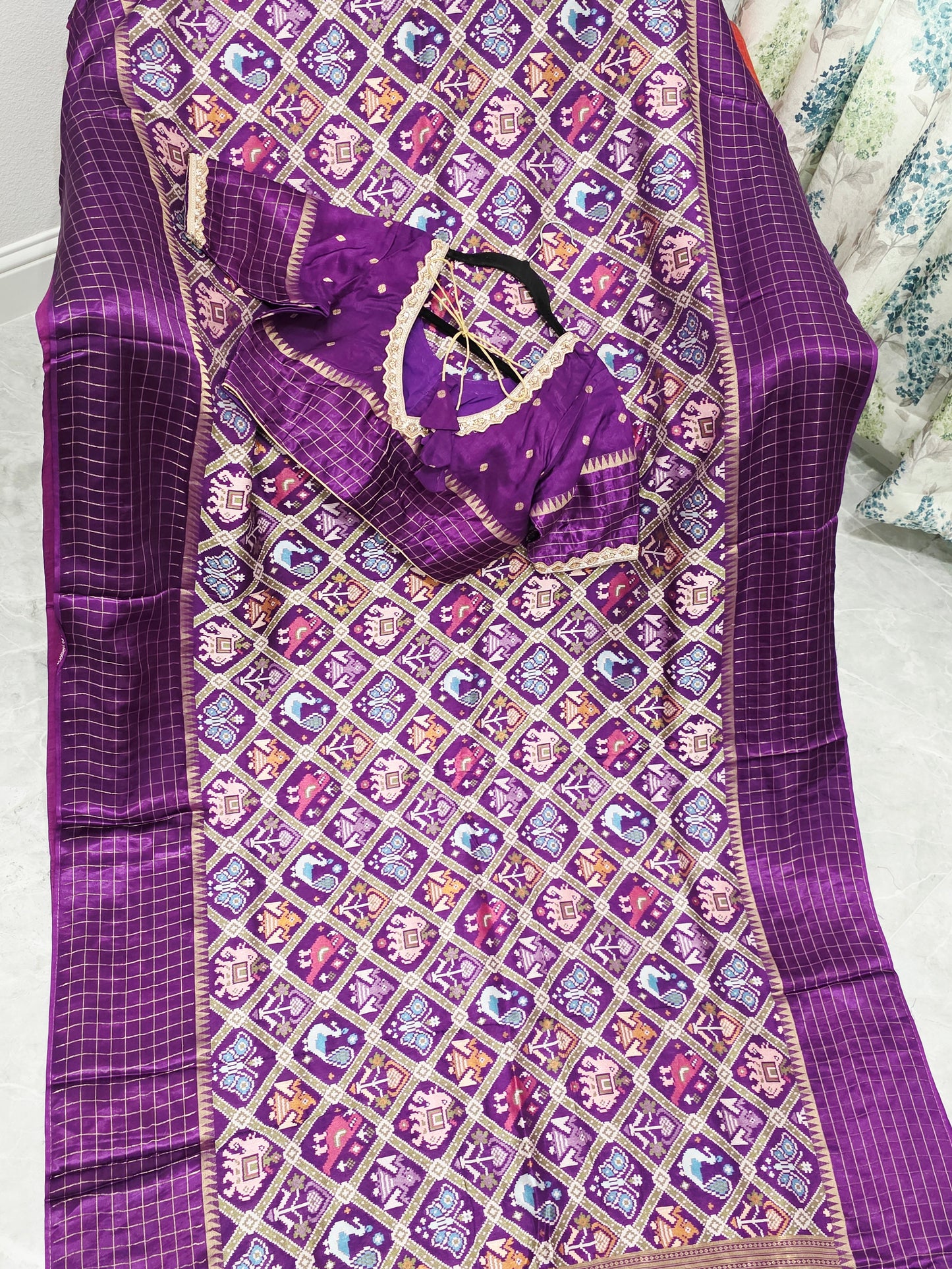 Royal Amethyst Purple & Antique Gold Benarasi Crepe Silk Patola Designer Saree with Stitched Blouse