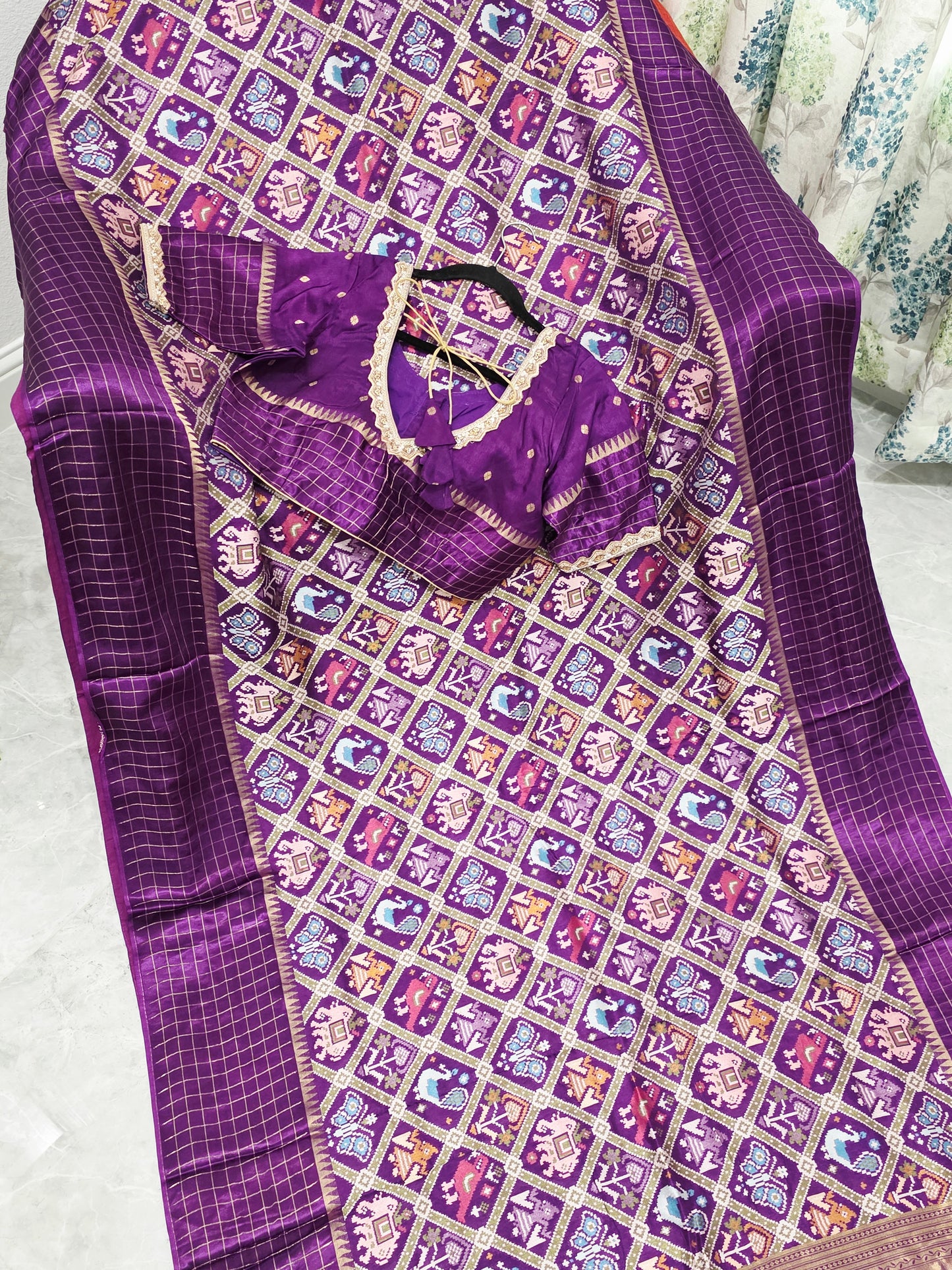 Royal Amethyst Purple & Antique Gold Benarasi Crepe Silk Patola Designer Saree with Stitched Blouse