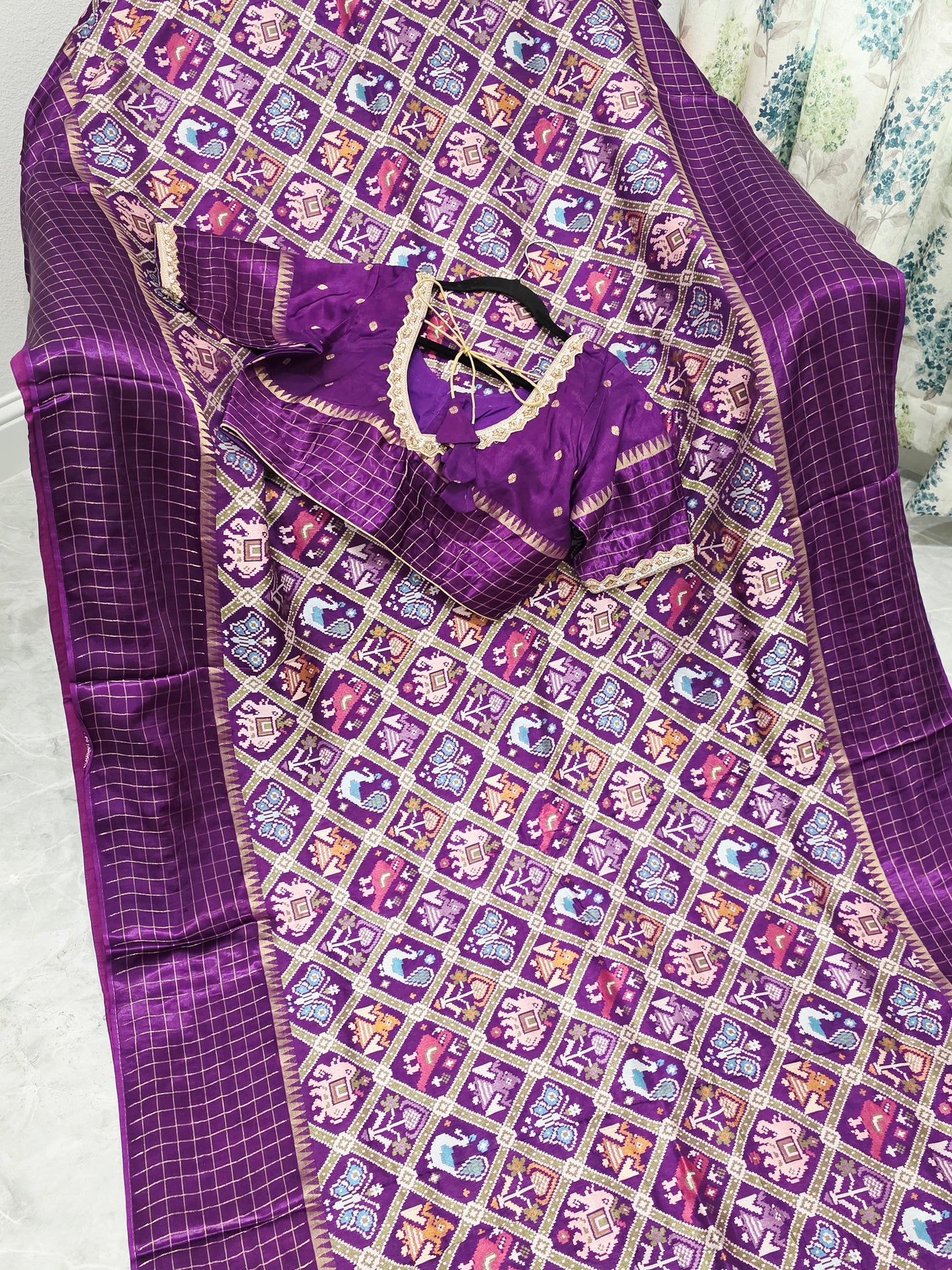 Royal Amethyst Purple & Antique Gold Benarasi Crepe Silk Patola Designer Saree with Stitched Blouse