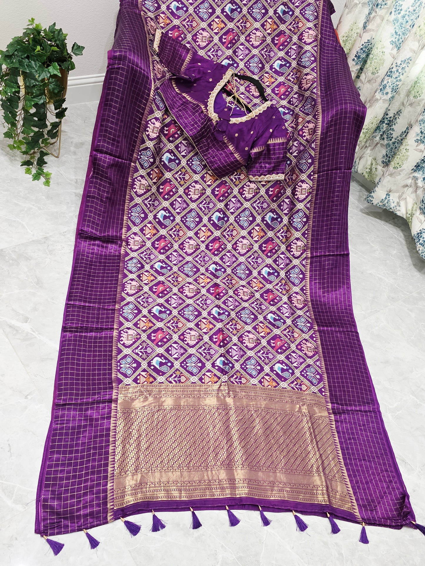 Royal Amethyst Purple & Antique Gold Benarasi Crepe Silk Patola Designer Saree with Stitched Blouse