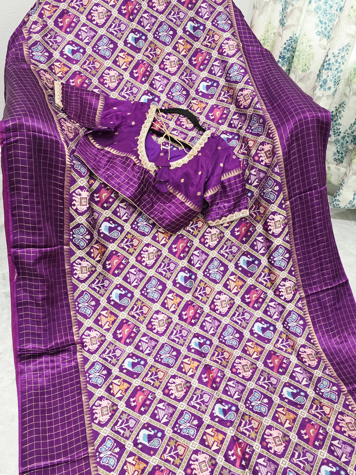 Royal Amethyst Purple & Antique Gold Benarasi Crepe Silk Patola Designer Saree with Stitched Blouse
