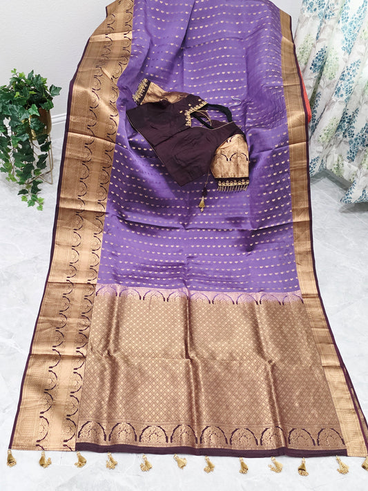 Royal Lilac Kanchi Soft Silk Designer Saree with Royal Aubergine Maggam Blouse