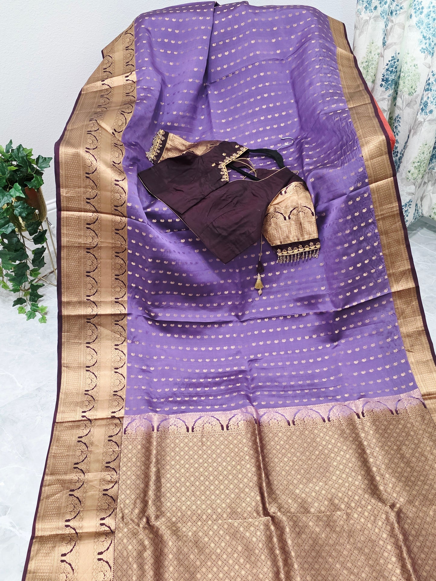 Royal Lilac Kanchi Soft Silk Designer Saree with Royal Aubergine Maggam Blouse
