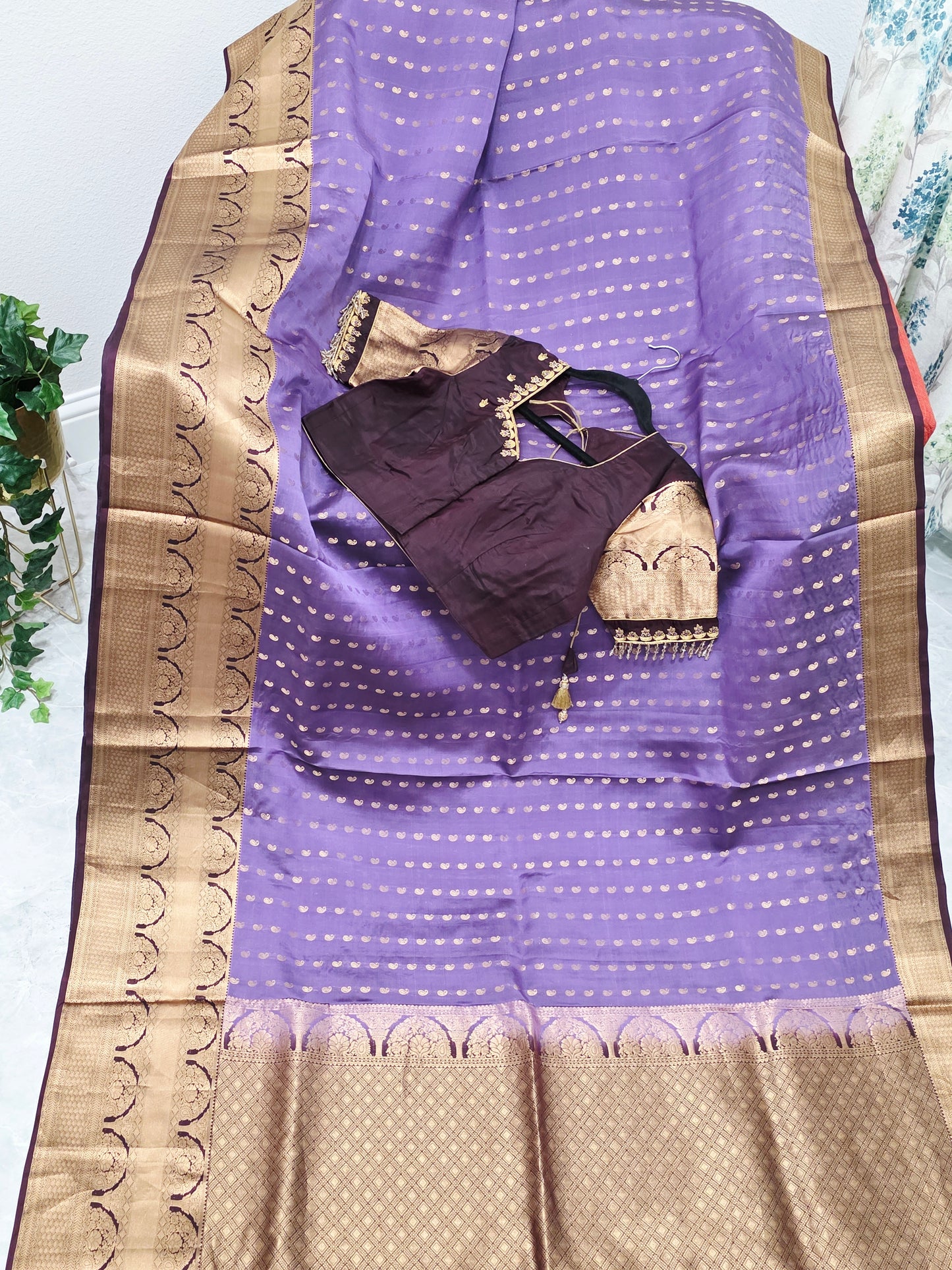 Royal Lilac Kanchi Soft Silk Designer Saree with Royal Aubergine Maggam Blouse