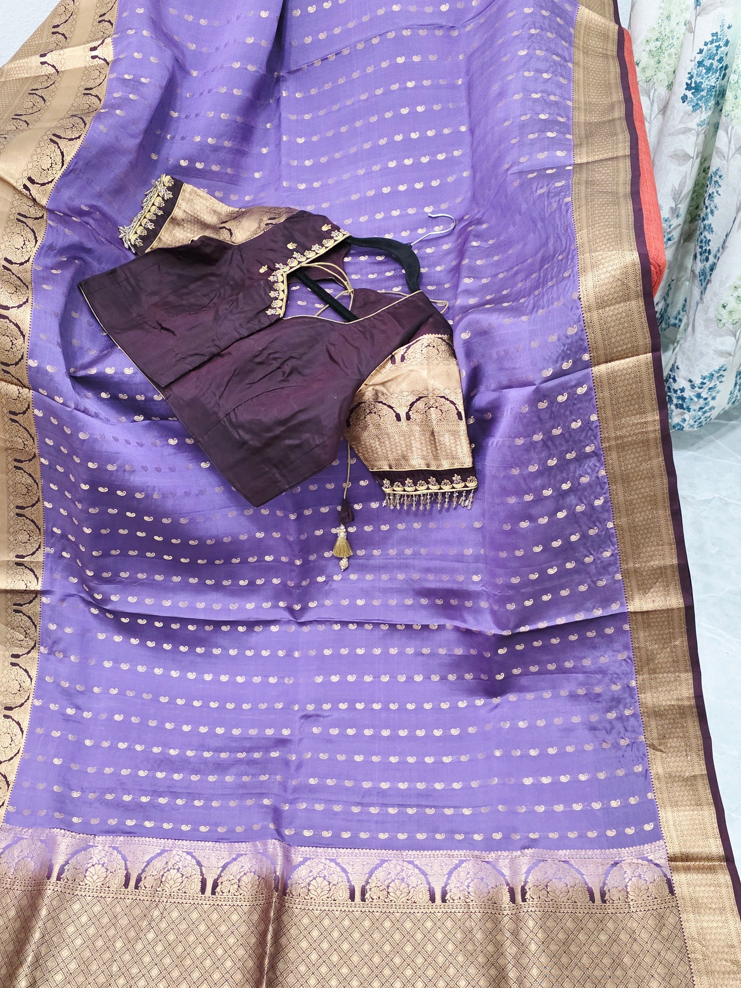 Royal Lilac Kanchi Soft Silk Designer Saree with Royal Aubergine Maggam Blouse